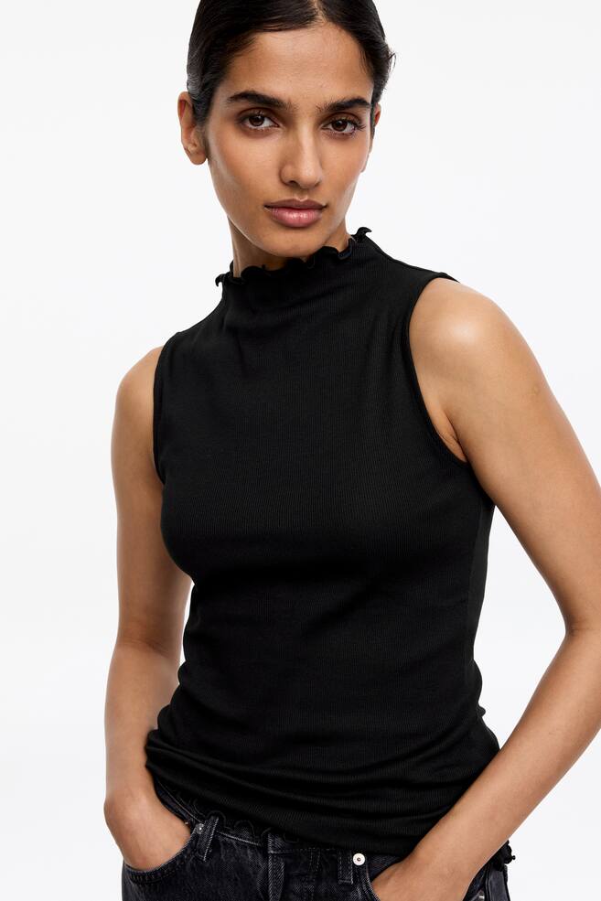 Mock-Neck Ribbed Top-Black - 4