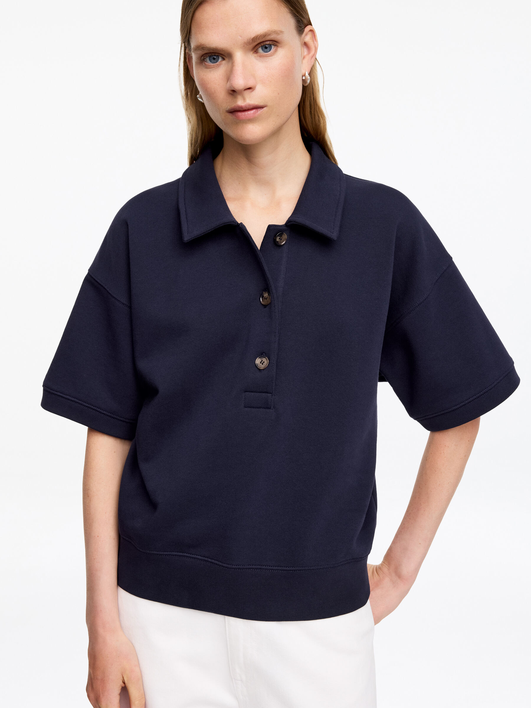 French Terry Polo Sweatshirt - Navy - Regular fit - Women - StillMedia/Lookbook - 3