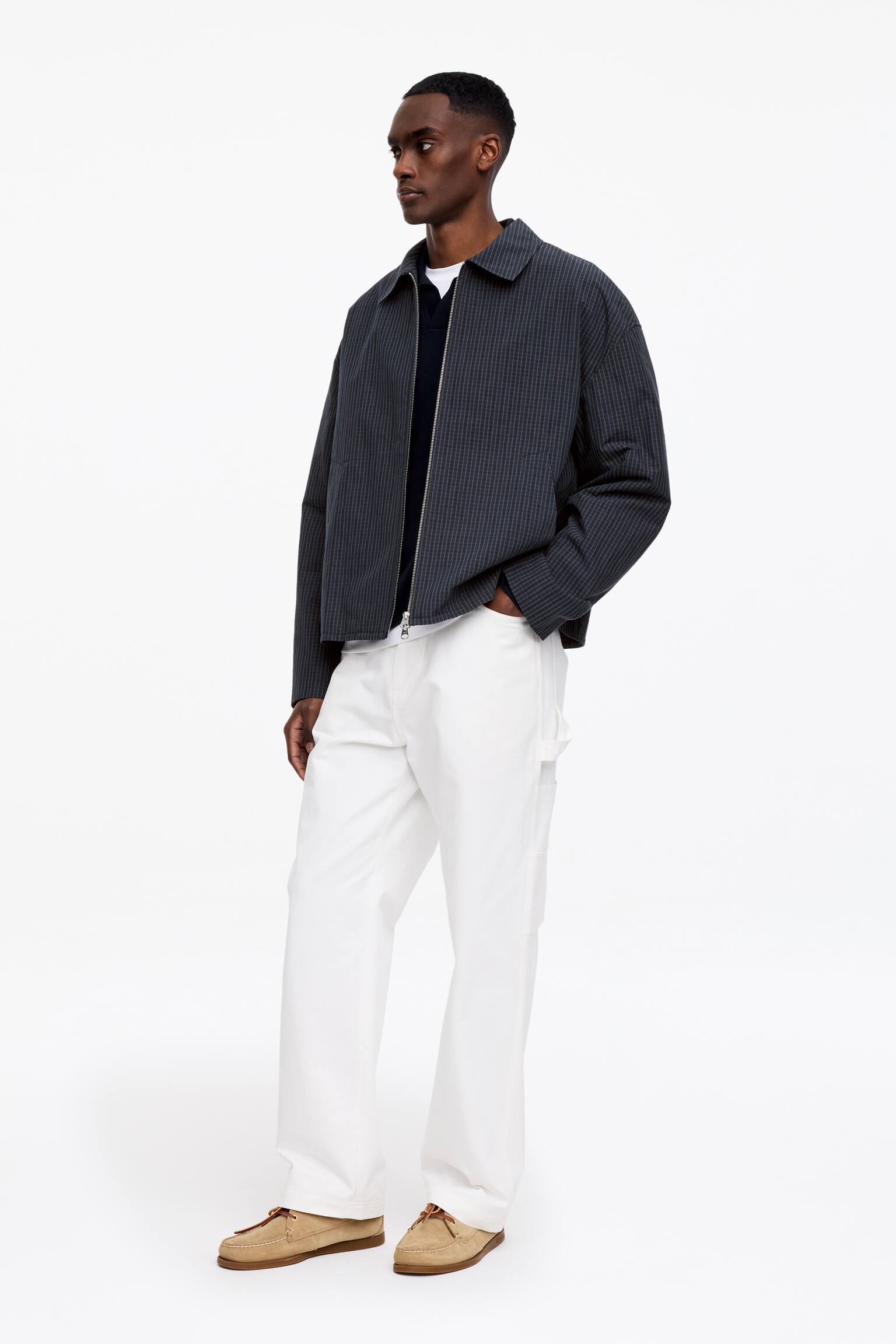 Giacca con cerniera in misto cotone - Blu scuro/Motivo a quadri - 4