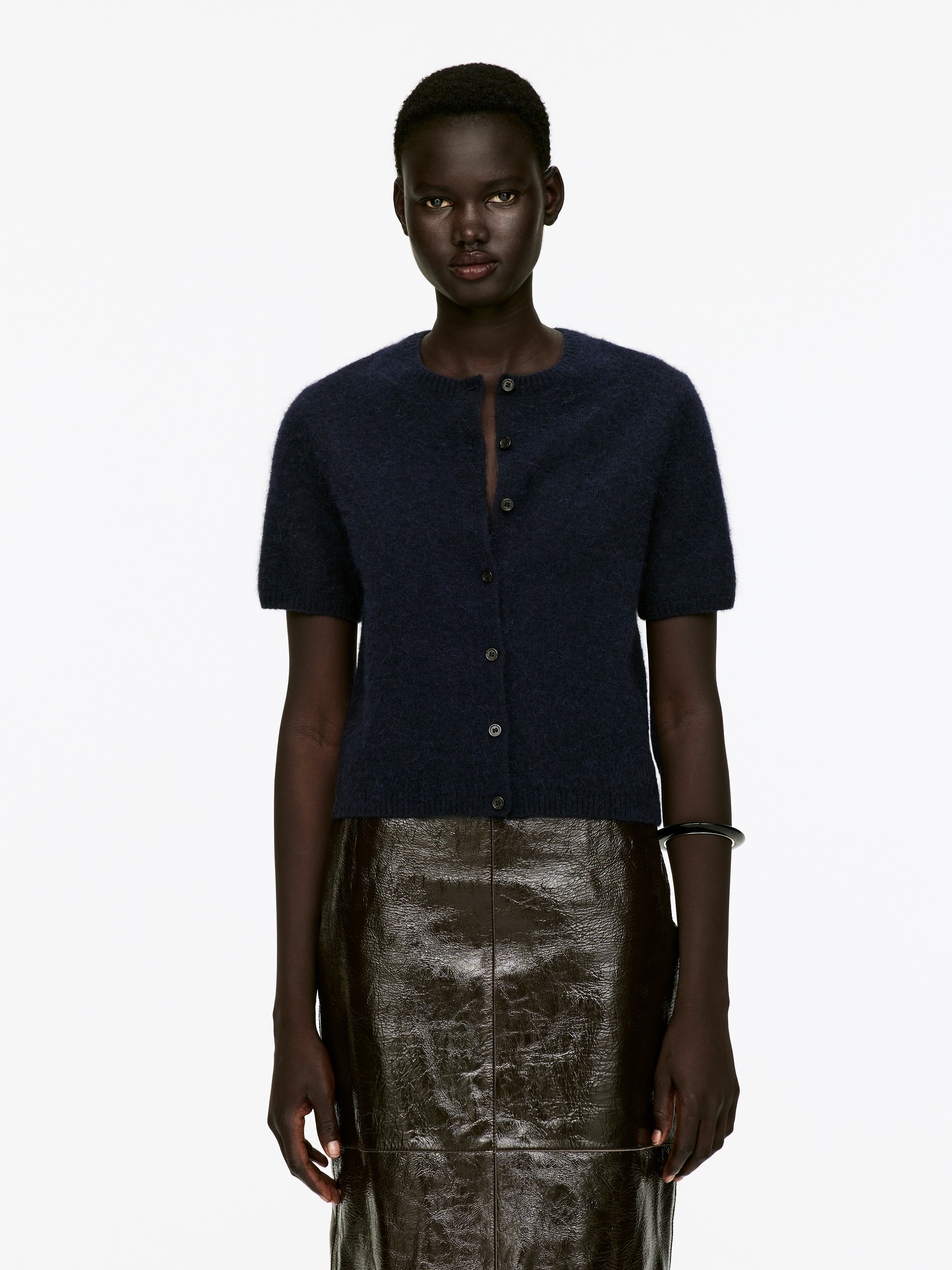 Alpaca-Wool Blend Cardigan - Dark Blue/Grey Melange