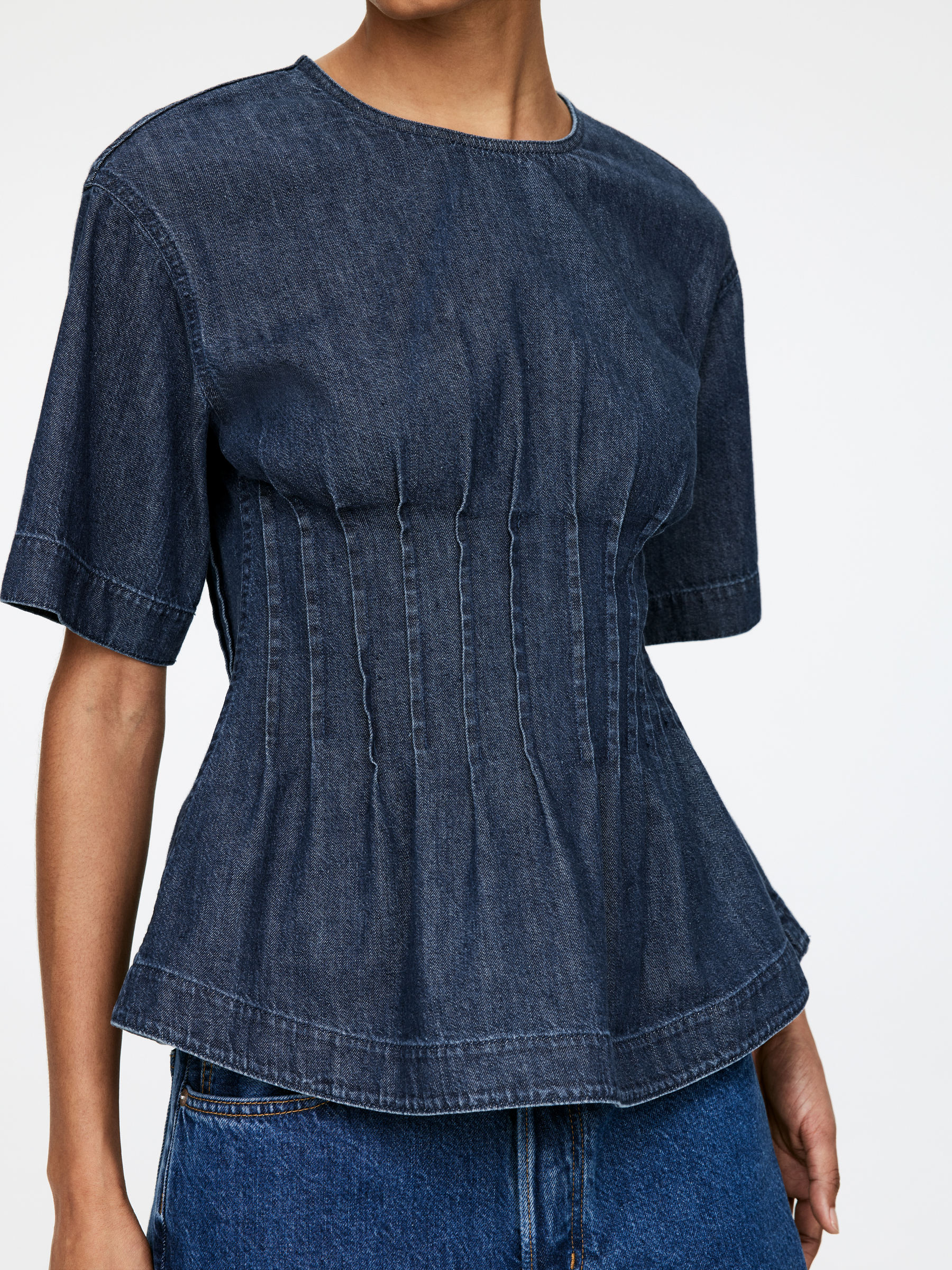 Pleated Denim Top - Dark Blue - Regular fit - Women - StillMedia/Lookbook - 6