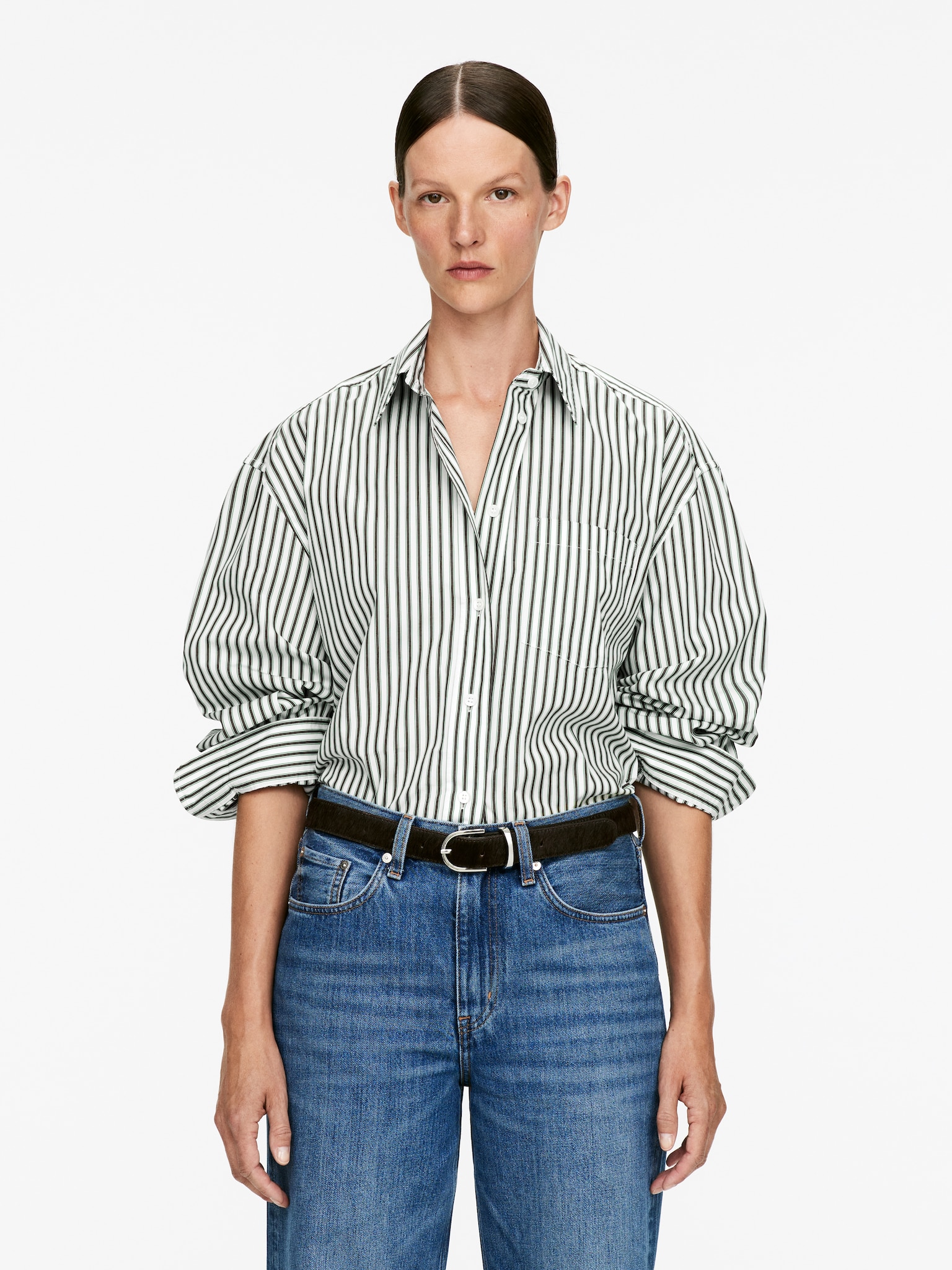 Oversized Cotton Shirt - Green/White/White