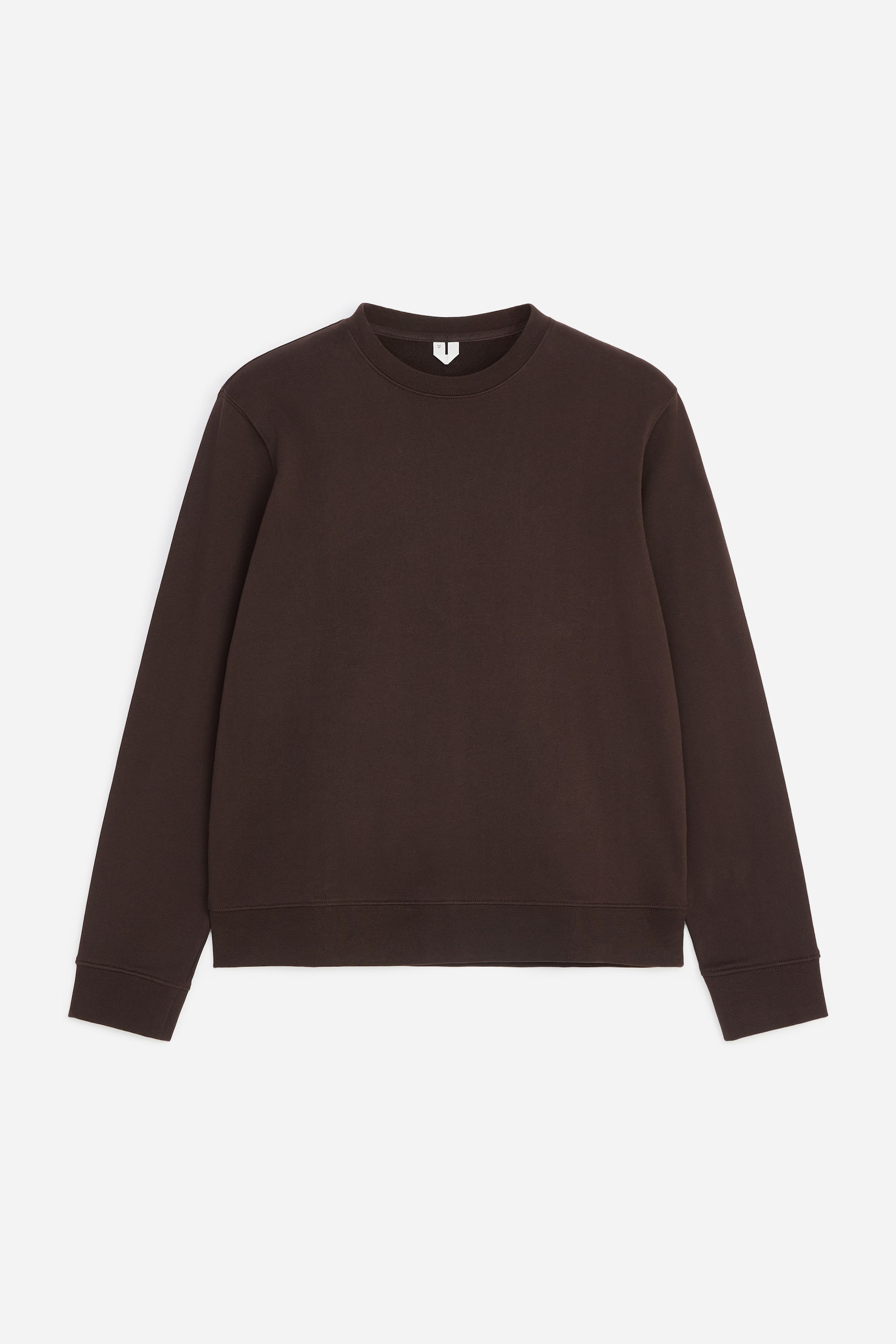 View larger image: A dark brown crew-neck sweatshirt is shown from the front, featuring a regular fit. The sweatshirt has long sleeves with ribbed cuffs, a ribbed crew neckline, and a matching ribbed hem.