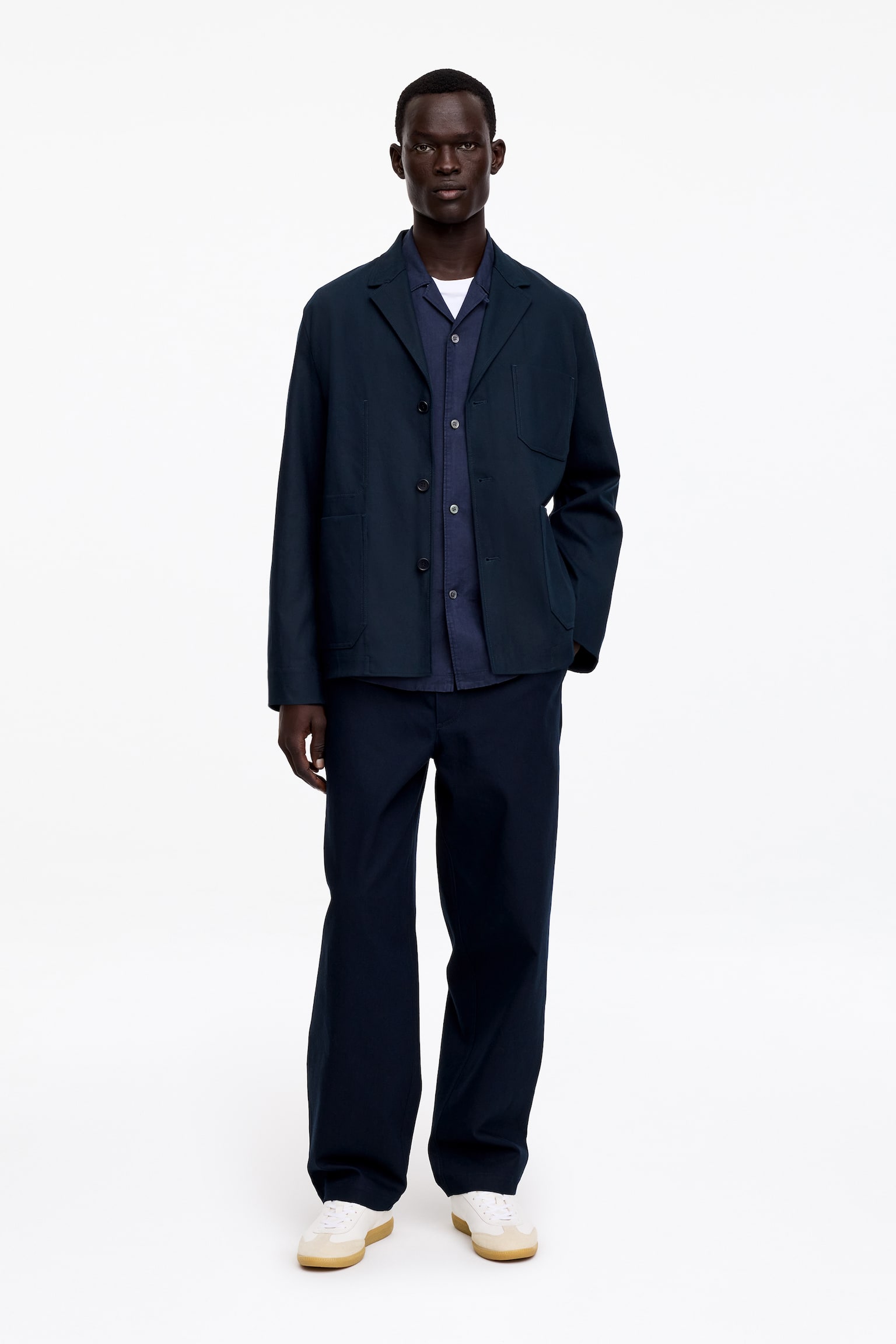 Ruimvallende blazer van katoen en linnen - Donkerblauw/Beige - 1