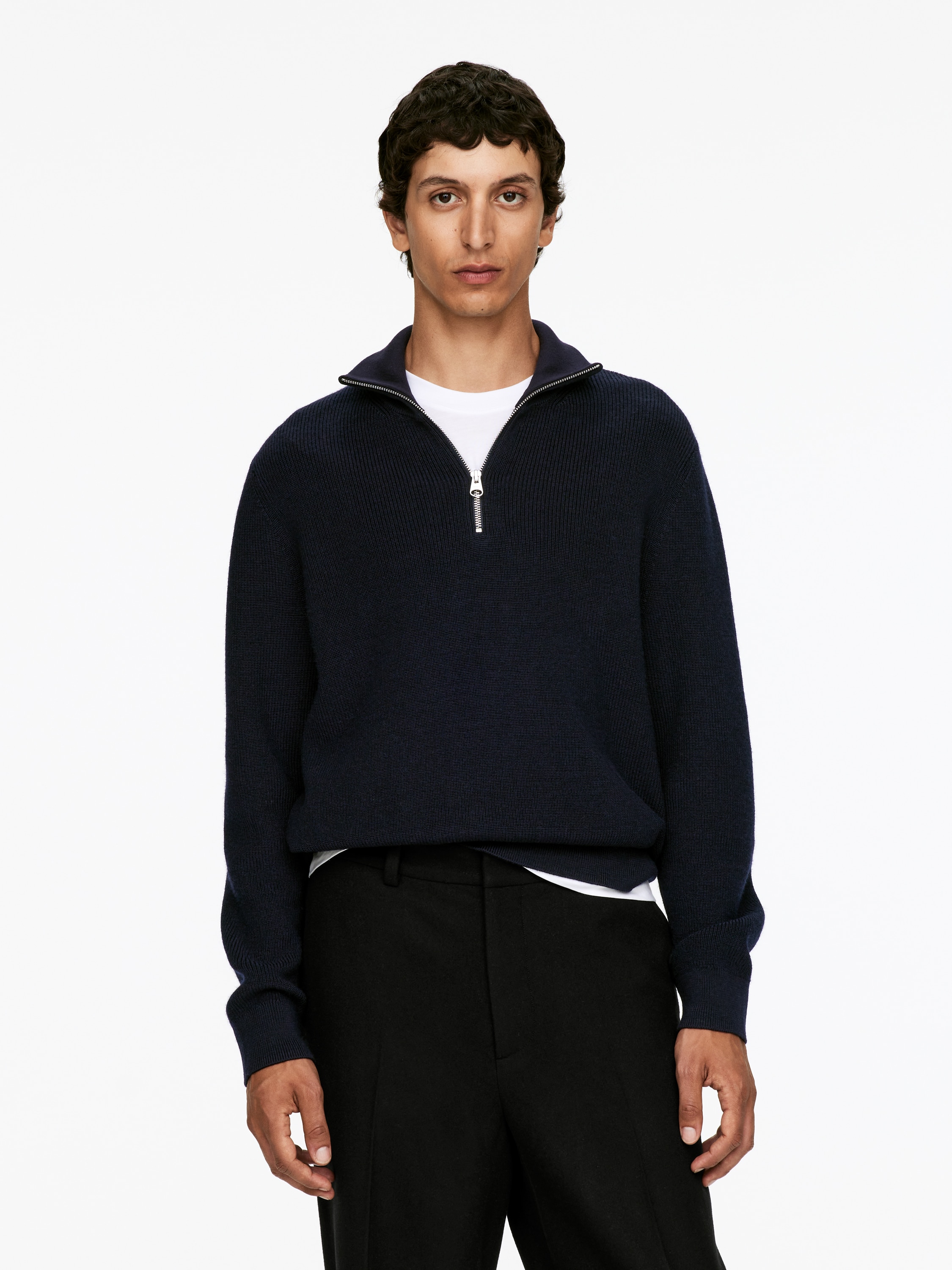 Vlnený a bavlnený pulóver na zips - Tmavomodrá/Tmavosivá