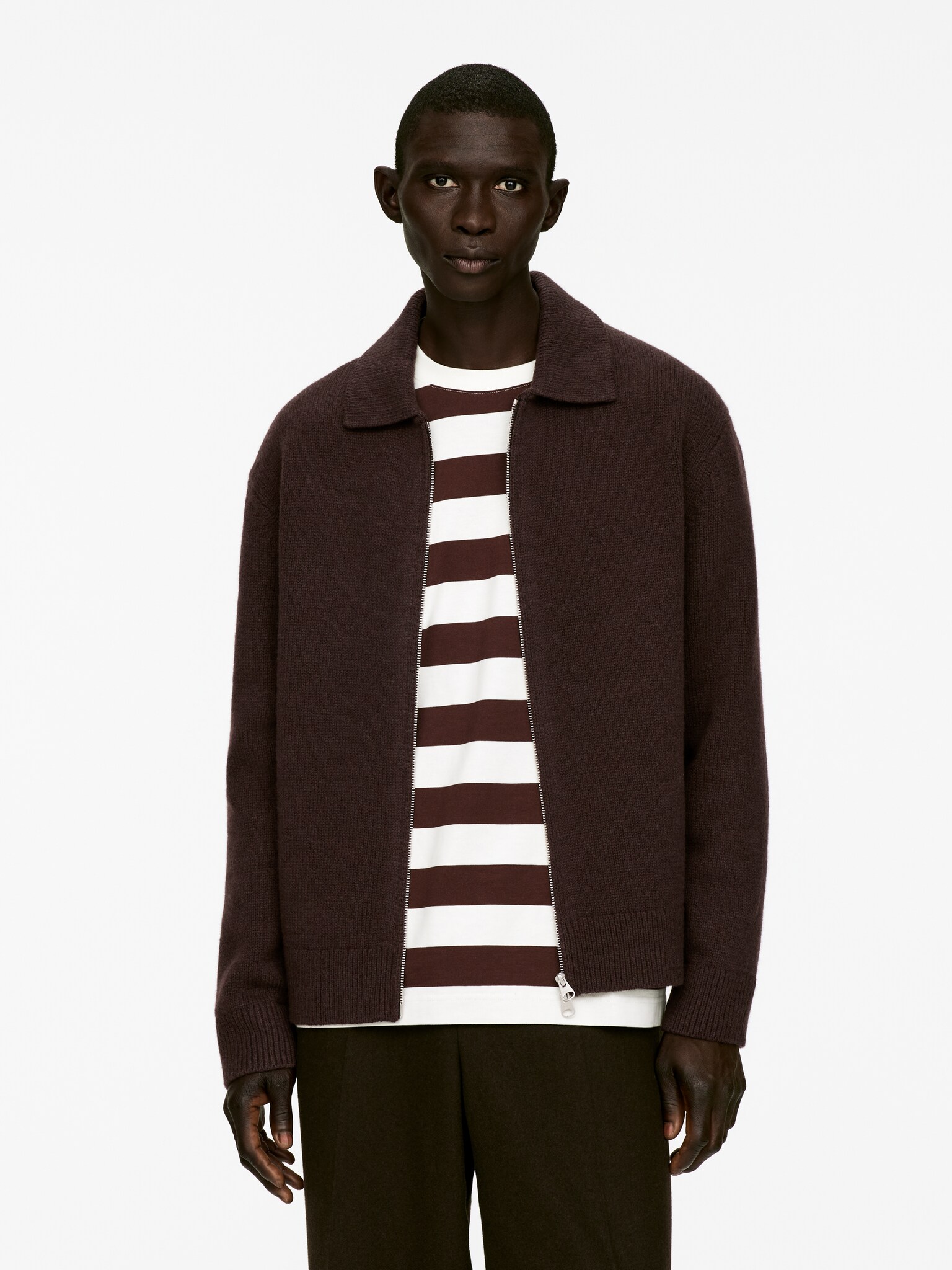 Ullcardigan med glidelås - Mørkebrun/Beige