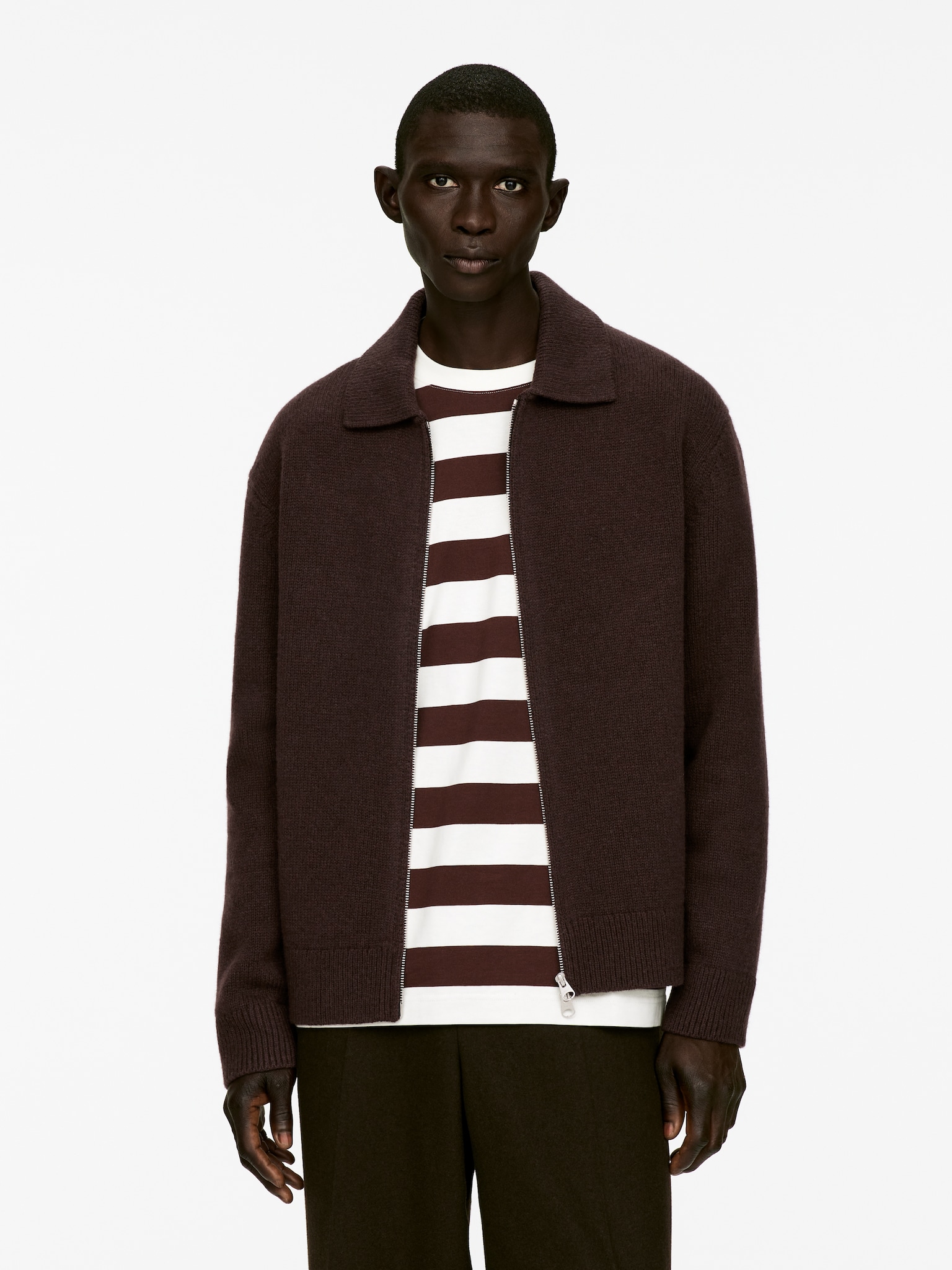 Ullcardigan med glidelås - Mørkebrun/Beige
