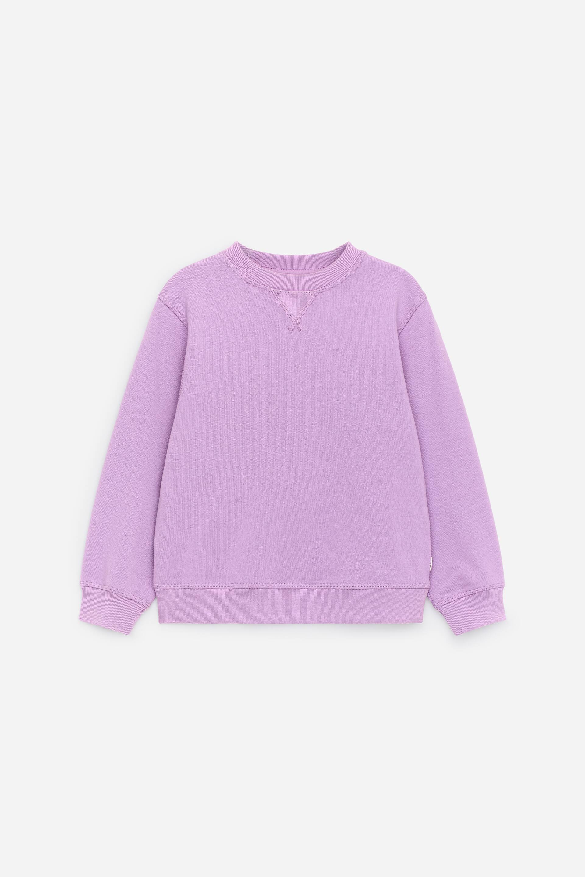 Visualizza immagine più grande: Una felpa color lilla chiaro mostra la sua vista frontale. Presenta un girocollo con dettaglio a V, insieme a polsini e orlo a coste.