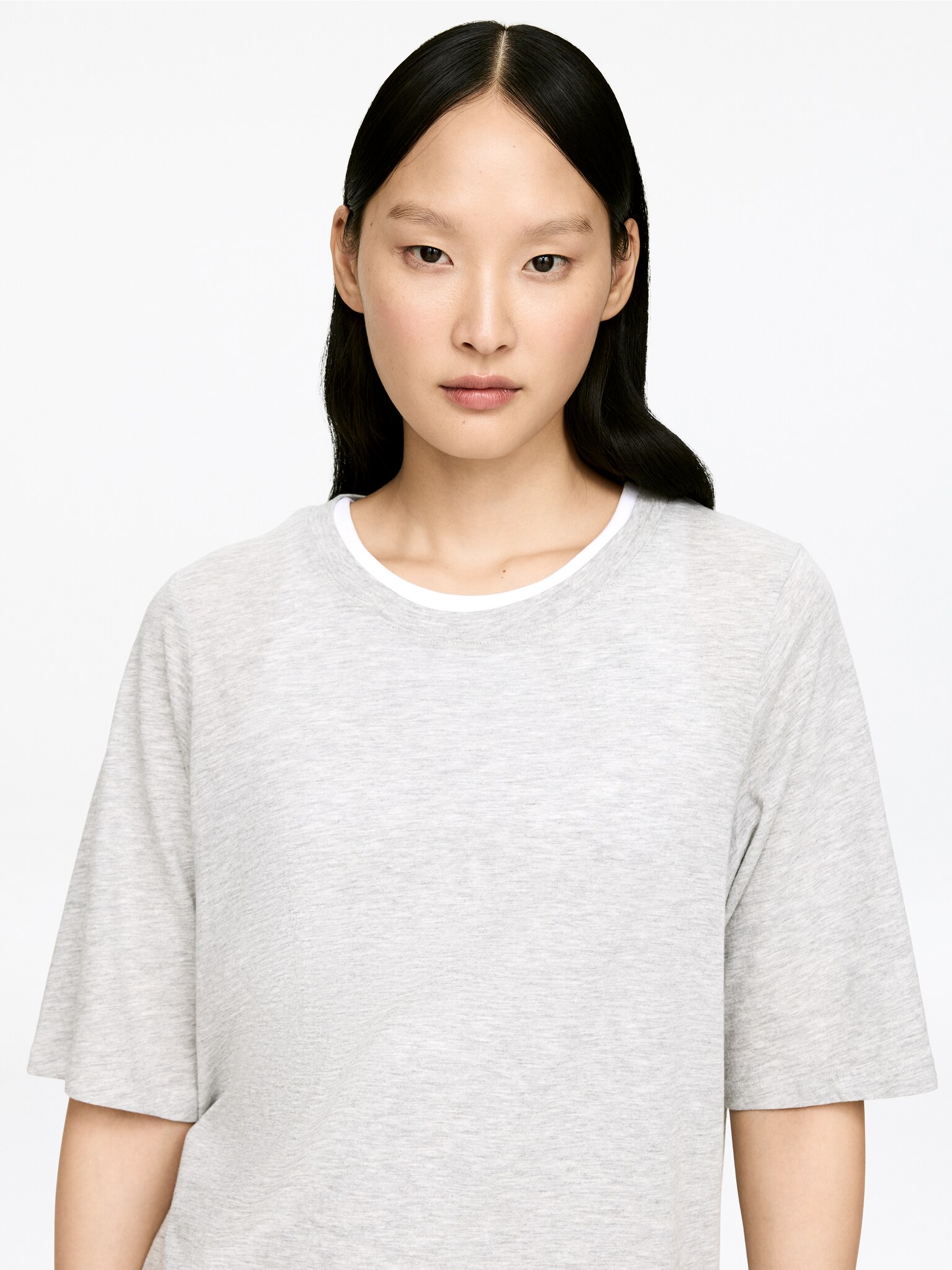 Draperet T-shirt i bomuld - Gråmeleret - 4