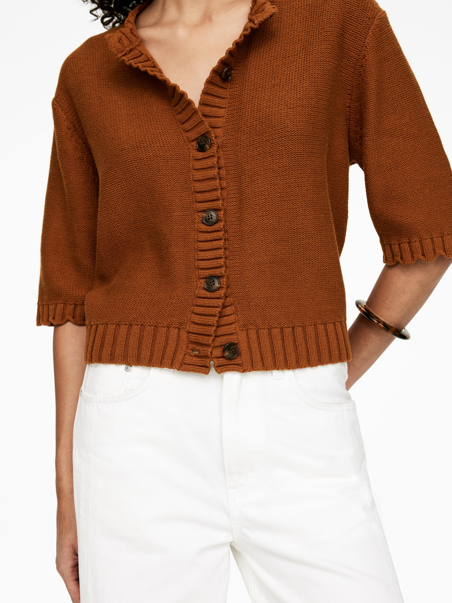 Scallop-Edge Cotton Cardigan - Rust - 4