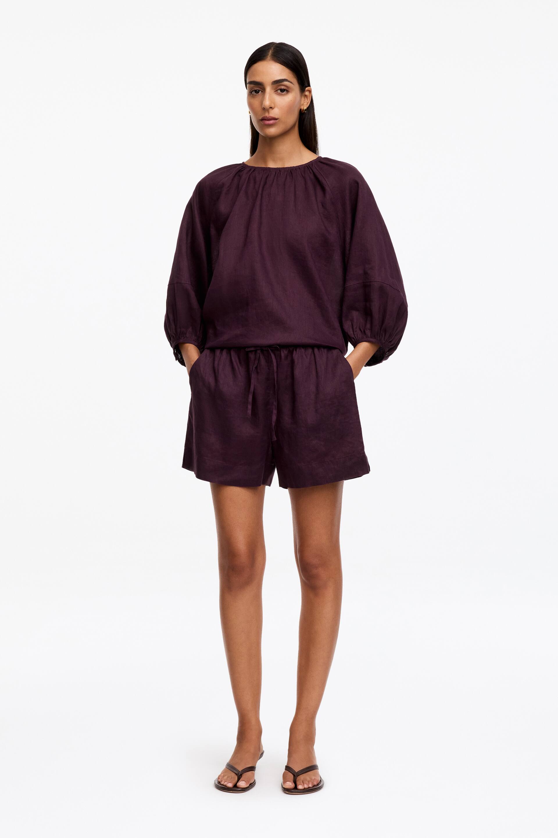 Visualizza l'immagine ingrandita: Leinenshorts mit Kordelzug - Dunkellila - DONNA | H&M CH 1