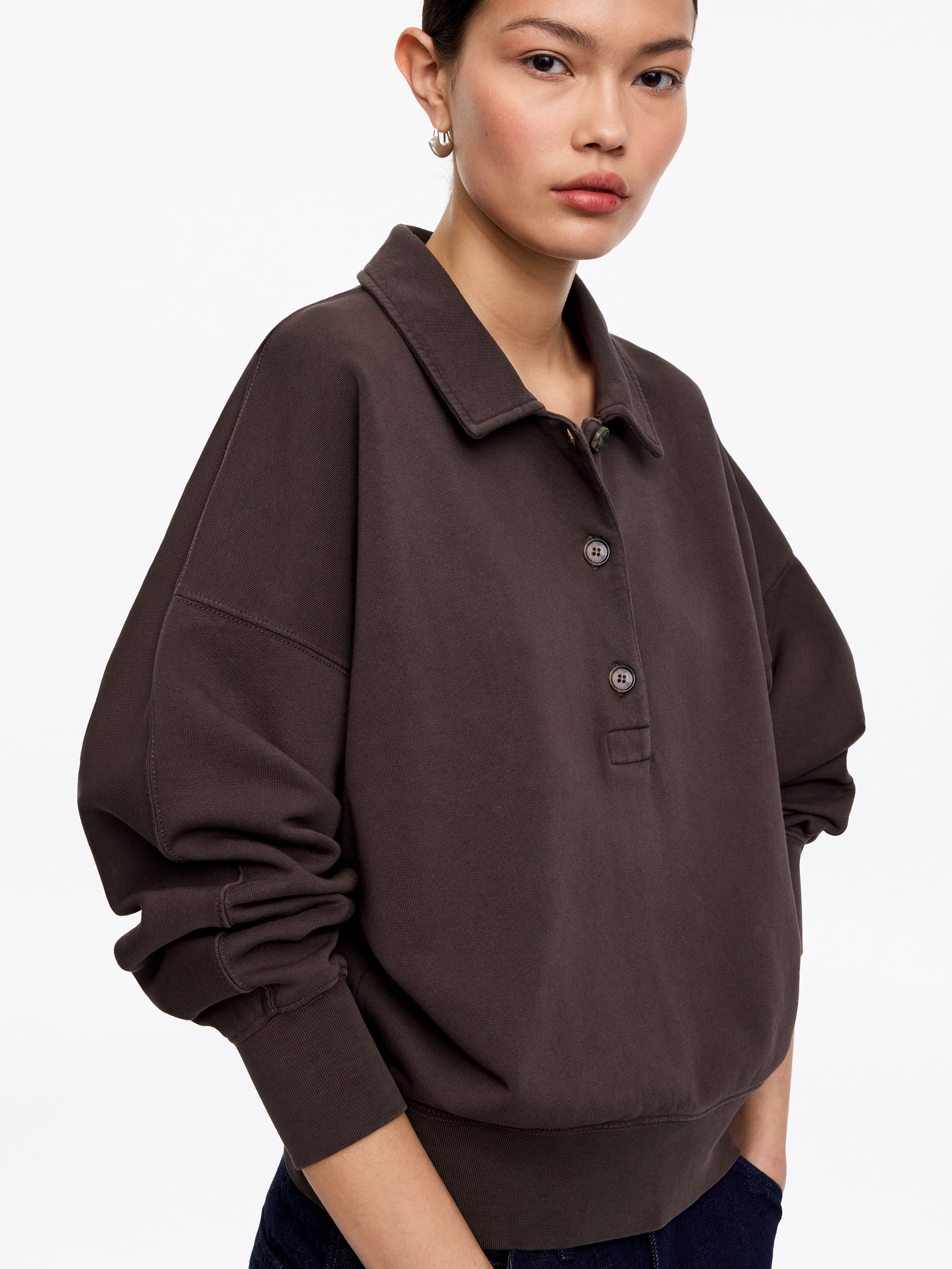 French Terry Polo Sweatshirt - Dark Brown - Regular fit - Women - StillMedia/Lookbook - 5