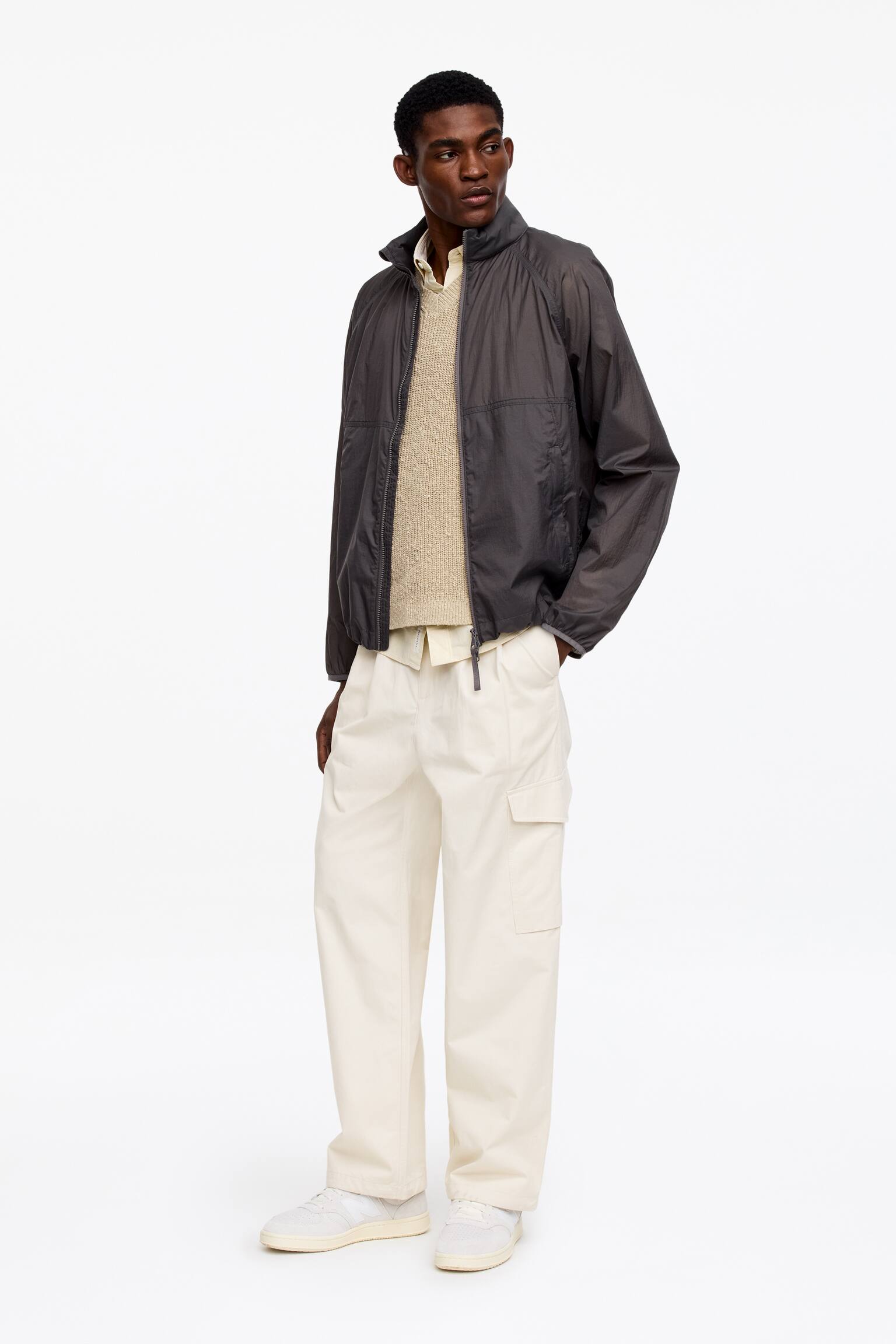 Voľné cargo nohavice - Sivobiela/Khaki zelená - 3