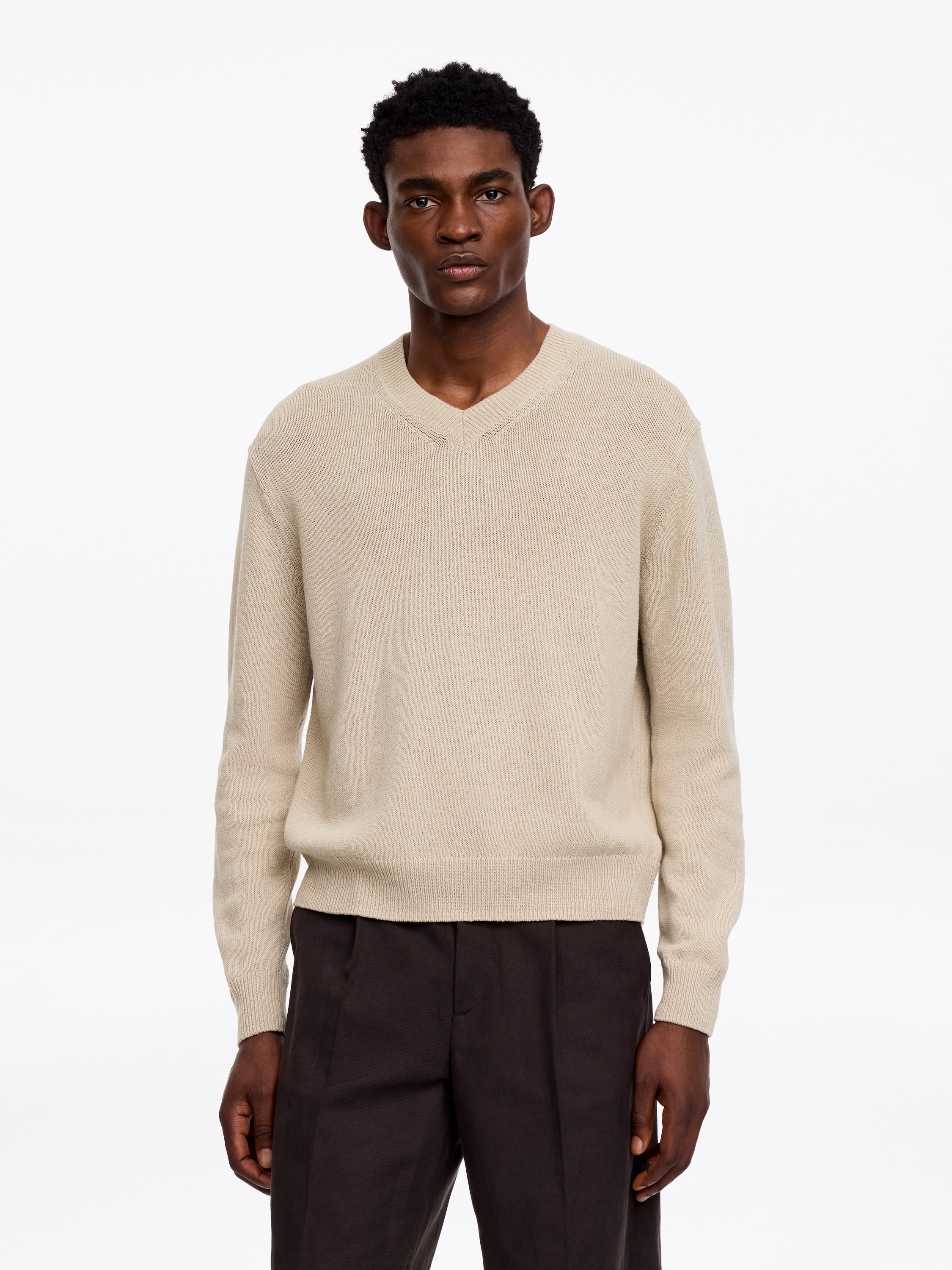 Pullover aus Leinen und Baumwolle mit V-Ausschnitt - Beige/Dunkelblau