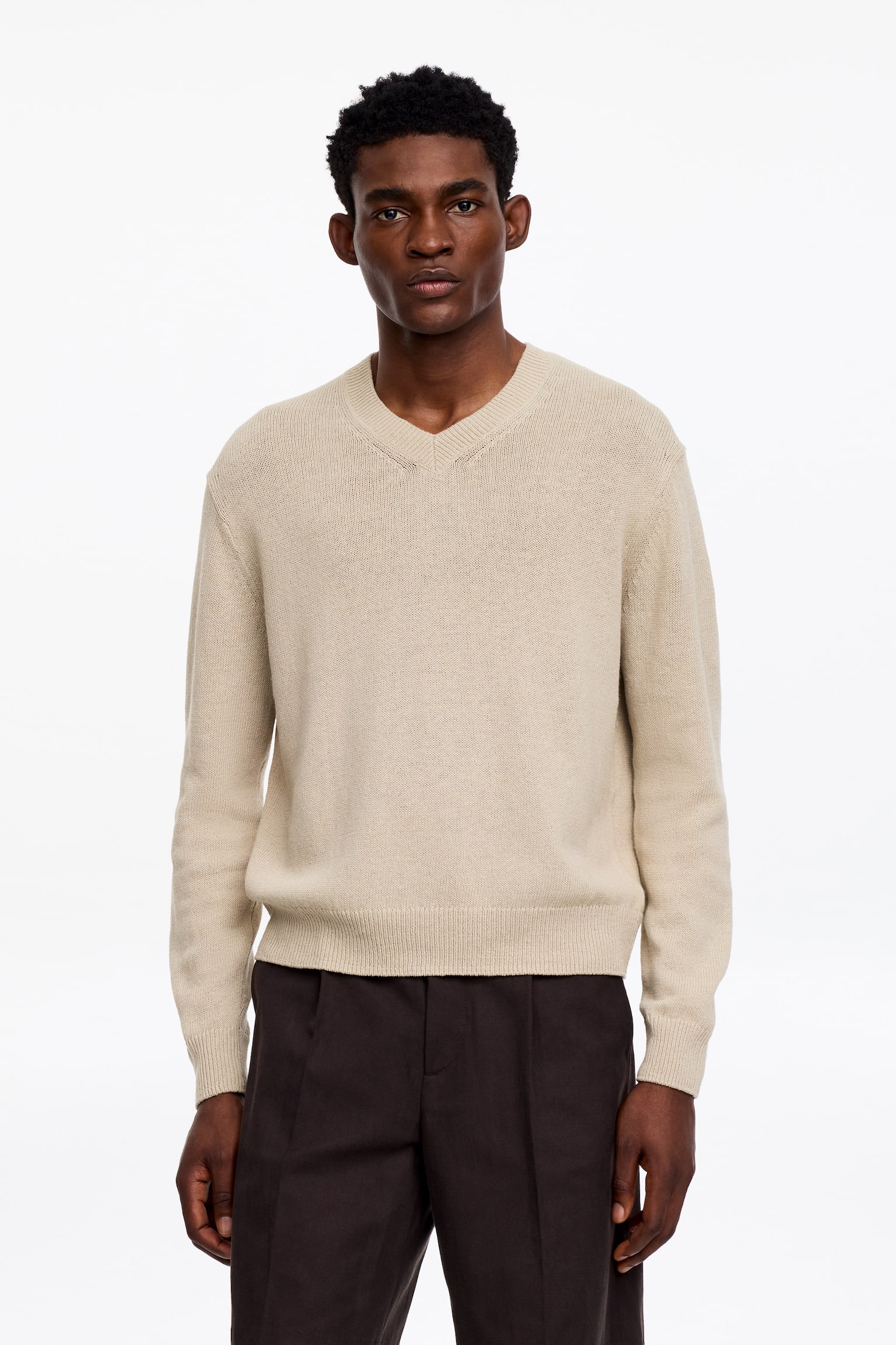 Linen Cotton V-Neck Jumper - Beige/Dark Blue - 1