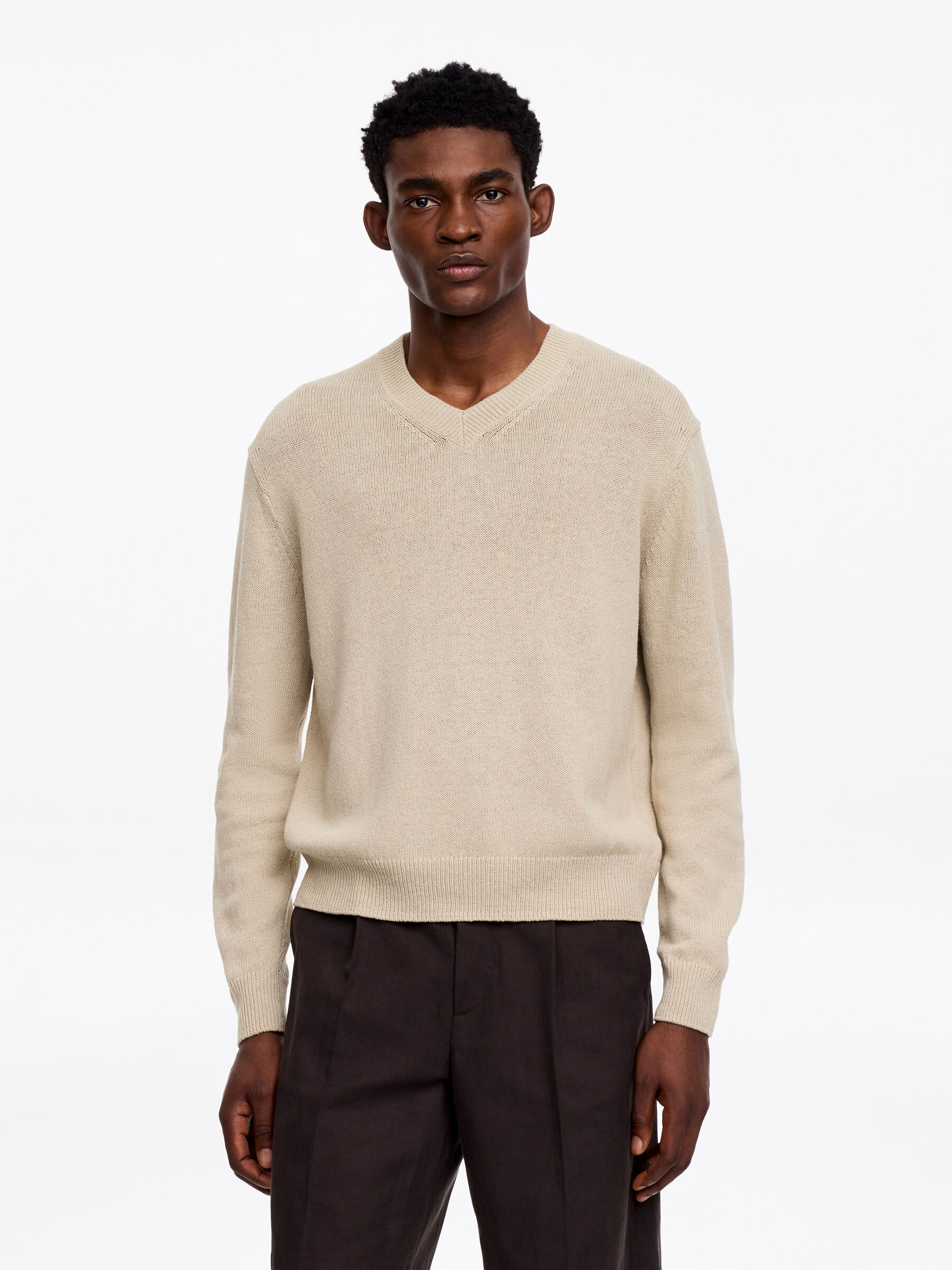 Linen Cotton V-Neck Jumper-#D4D4B8-19536