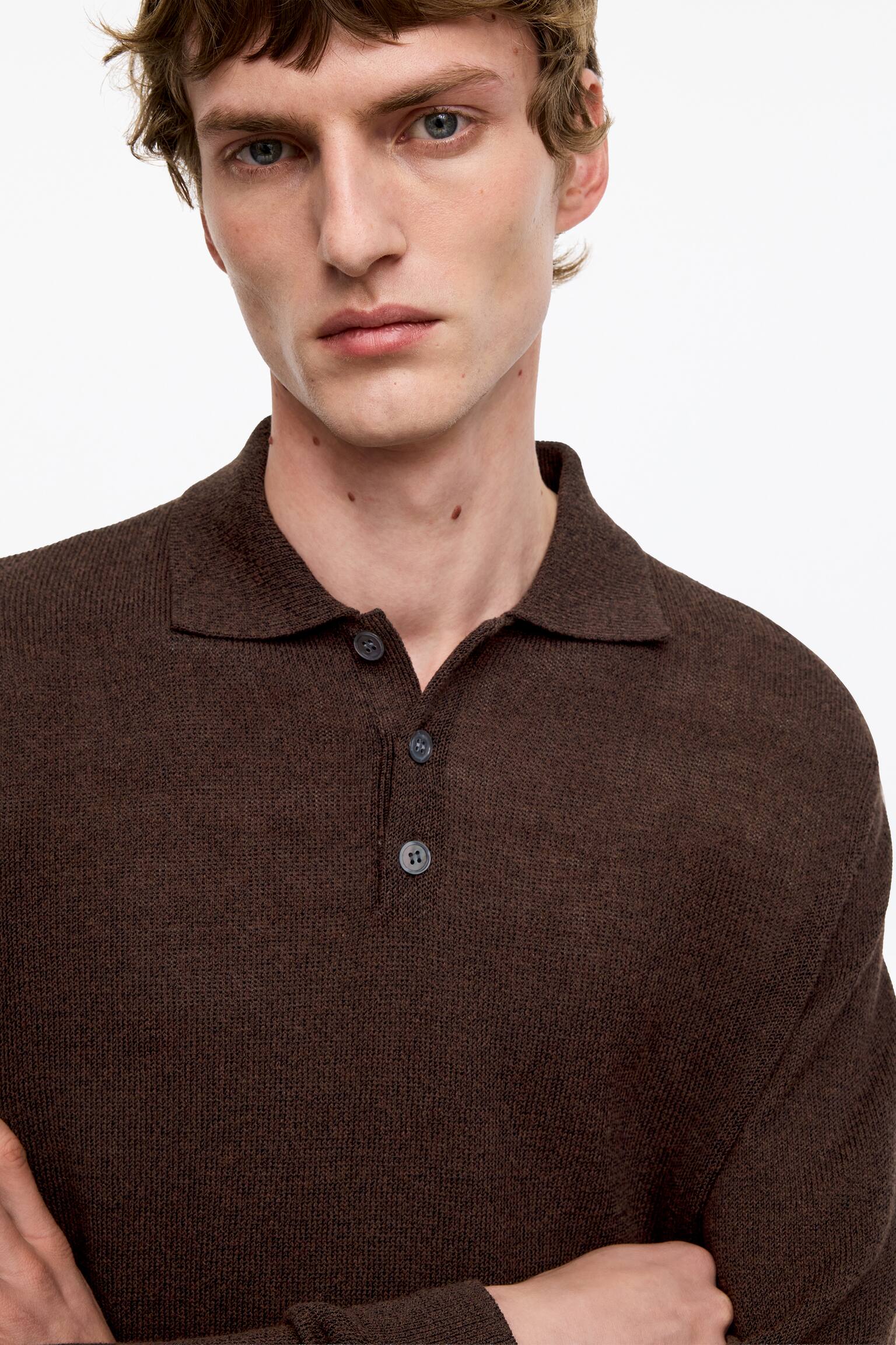 Polo en lin mélangé - Brun chiné/Bleu foncé - 6