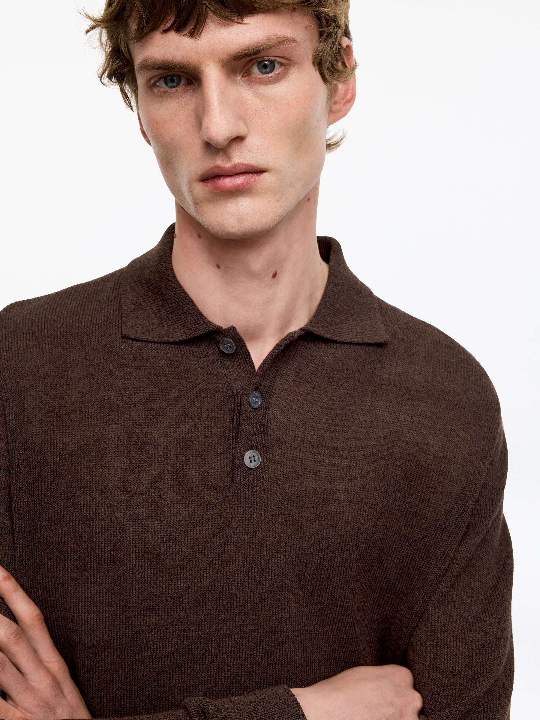 Linen Blend Polo Shirt - Brown Melange - Regular fit - Men - StillMedia/Lookbook - 2