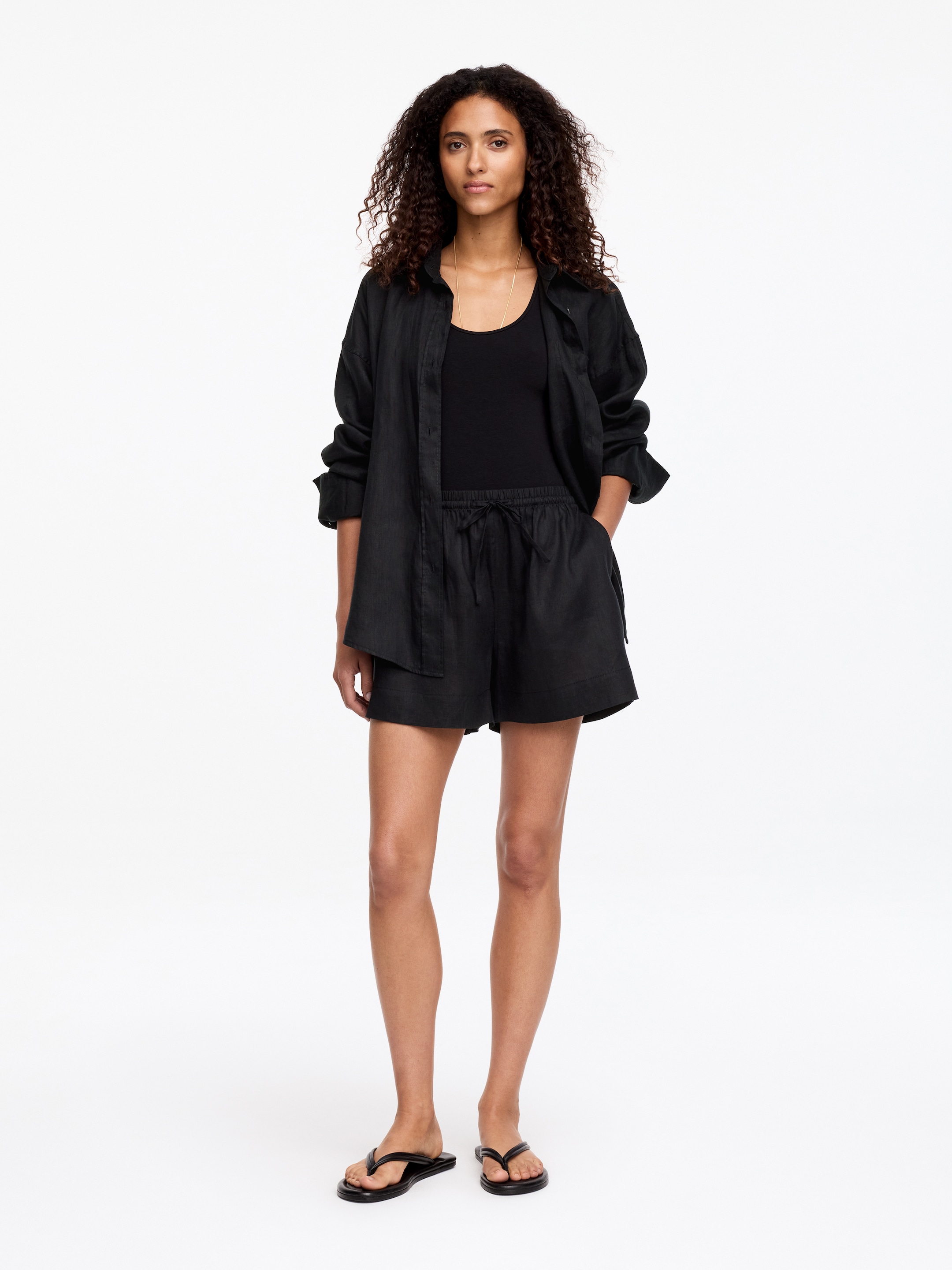 Drawstring Linen Shorts-Black-19264
