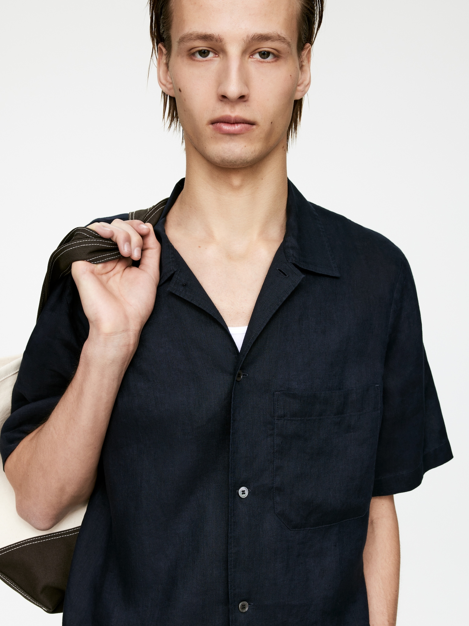 Chemise en lin à manches courtes - Bleu foncé/Beige/Vert/Noir - 4
