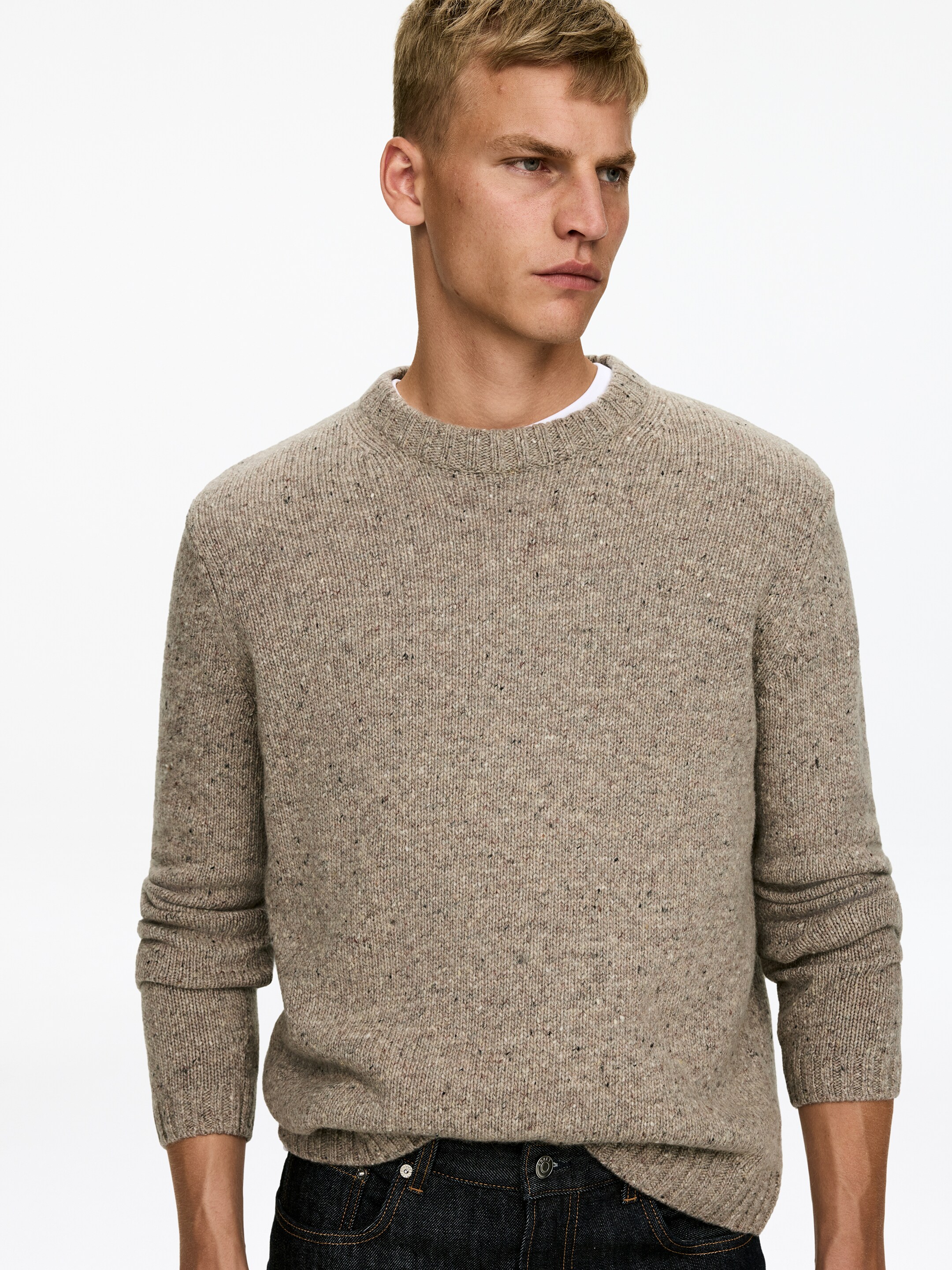 Se større billede: En beige spættet crew-neck sweater bæres, vinklet let mod højre. Sweateren viser en glatstrikket tekstur over hele kroppen og har ribbede detaljer ved crew neck, manchetter og søm, og er lagdelt over en hvid t-shirt.