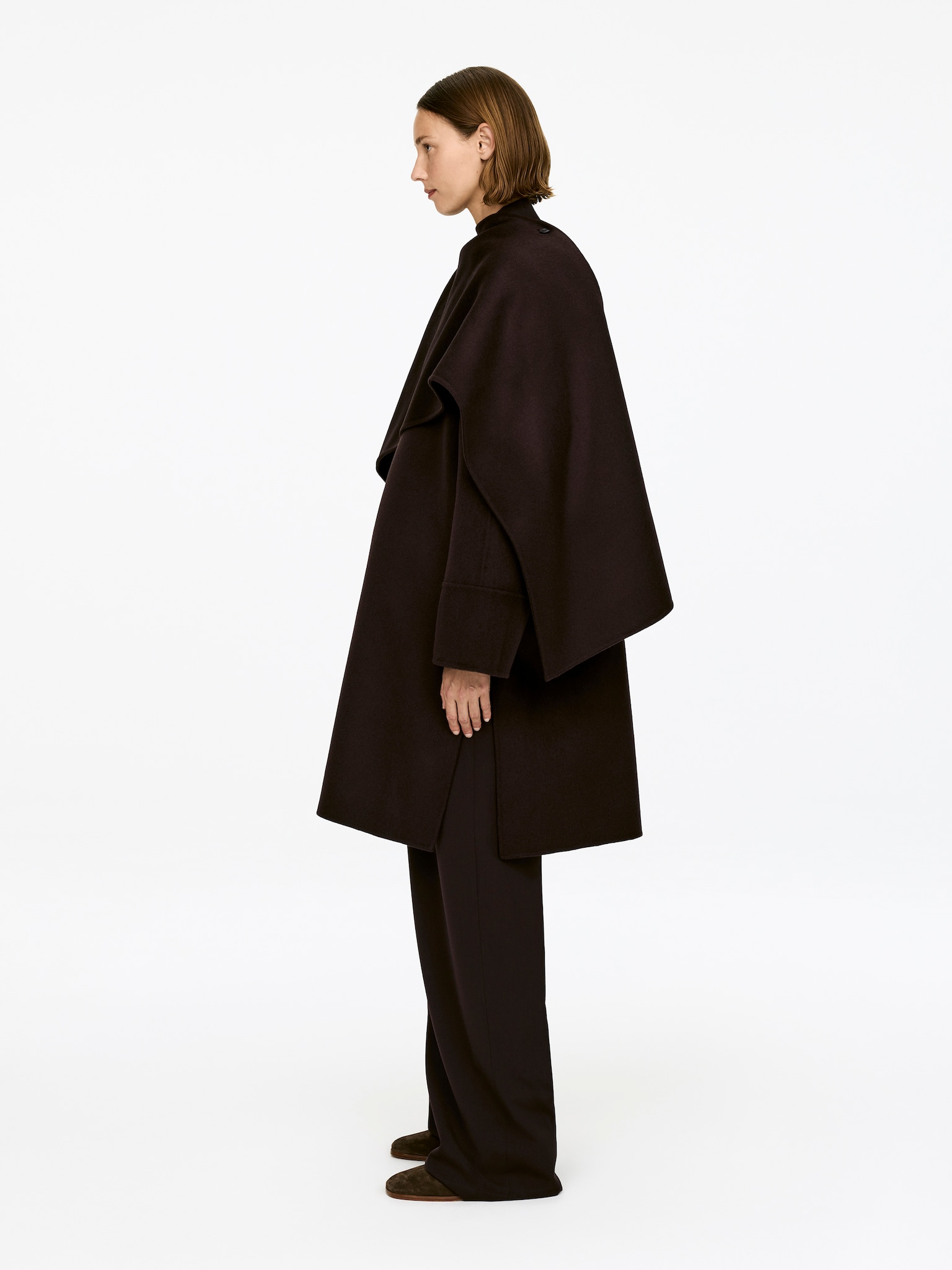 Manteau cape en laine doublée - Marron foncé - 3