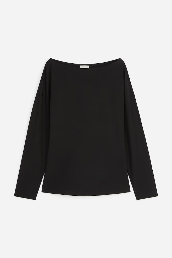 A black long-sleeved top is shown from the front, featuring a wide boat neckline and dropped shoulders that flow into relaxed, long sleeves. The top has a straight hemline and is made from a smooth, lightweight fabric. - 1