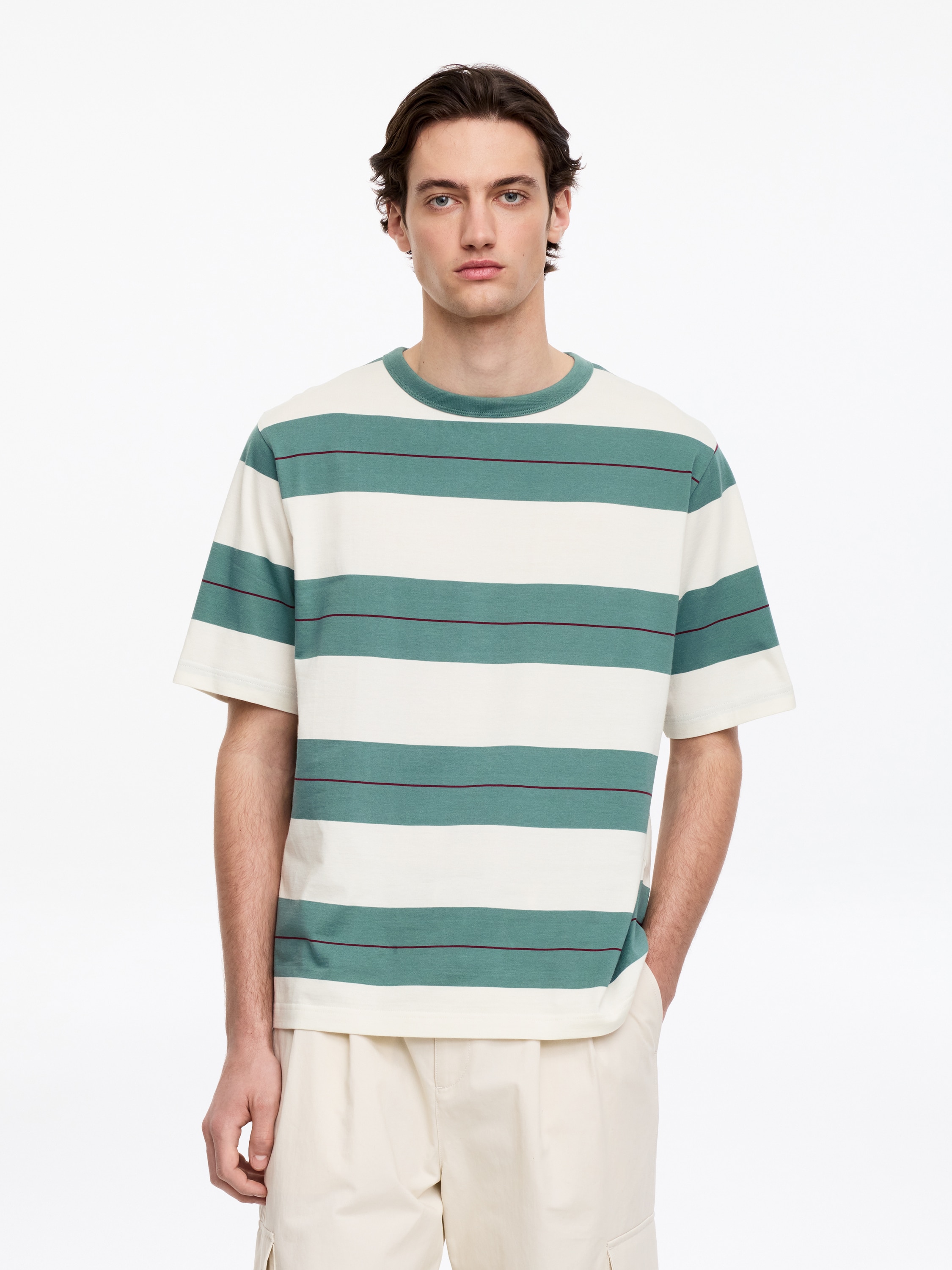 T-shirt de algodão descontraída - Verde/branco/Azul/branco