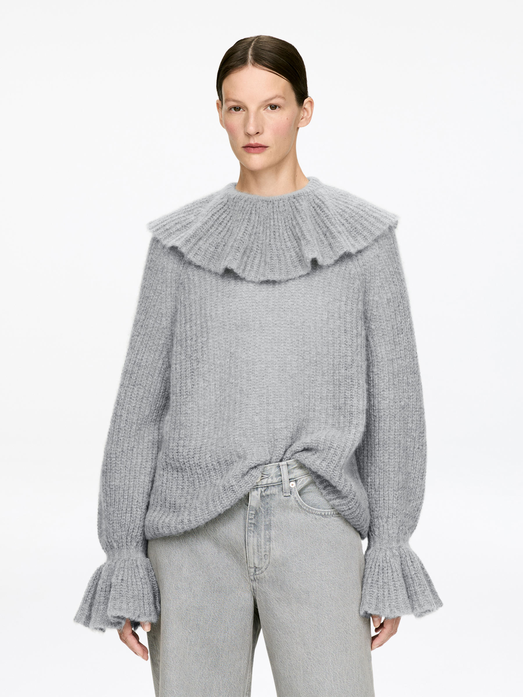 Mohair-Wool Blend Ruffle Jumper-#AFAFAF-17352