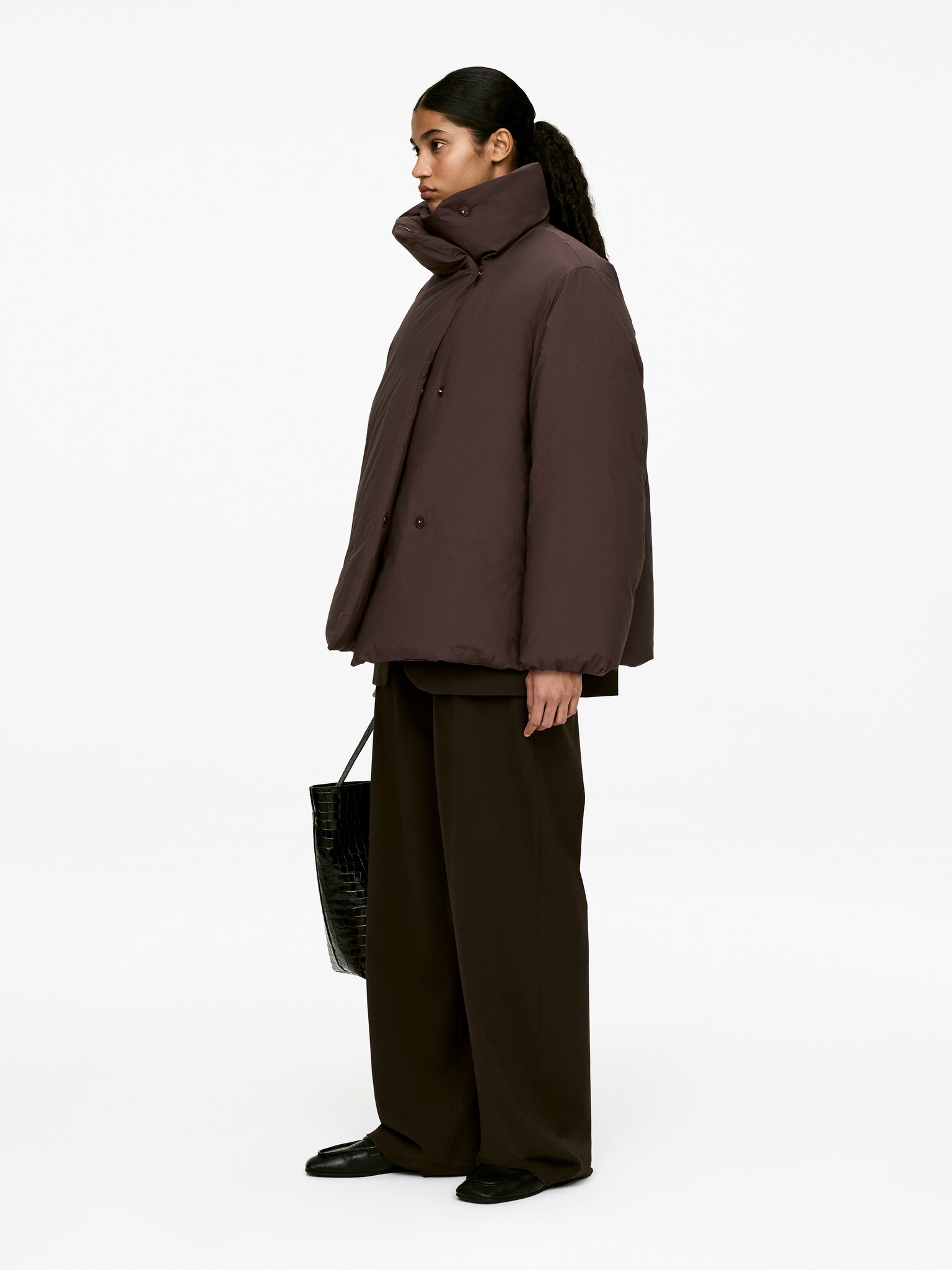 Upcycled Down High-Collar Jacket - Dark Brown/Black - 4