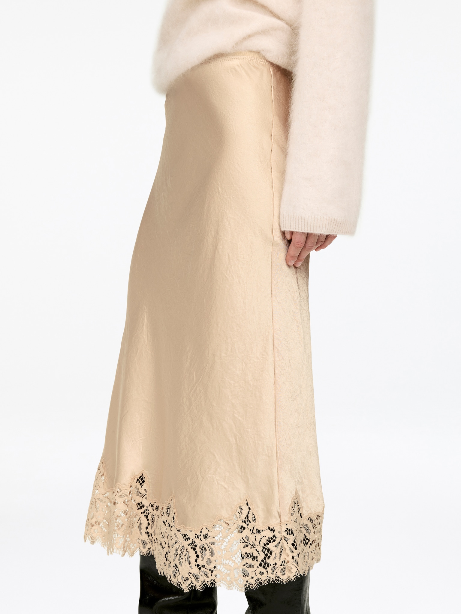 Satin-nederdel med blonder - Beige/Mørkebrun - 5