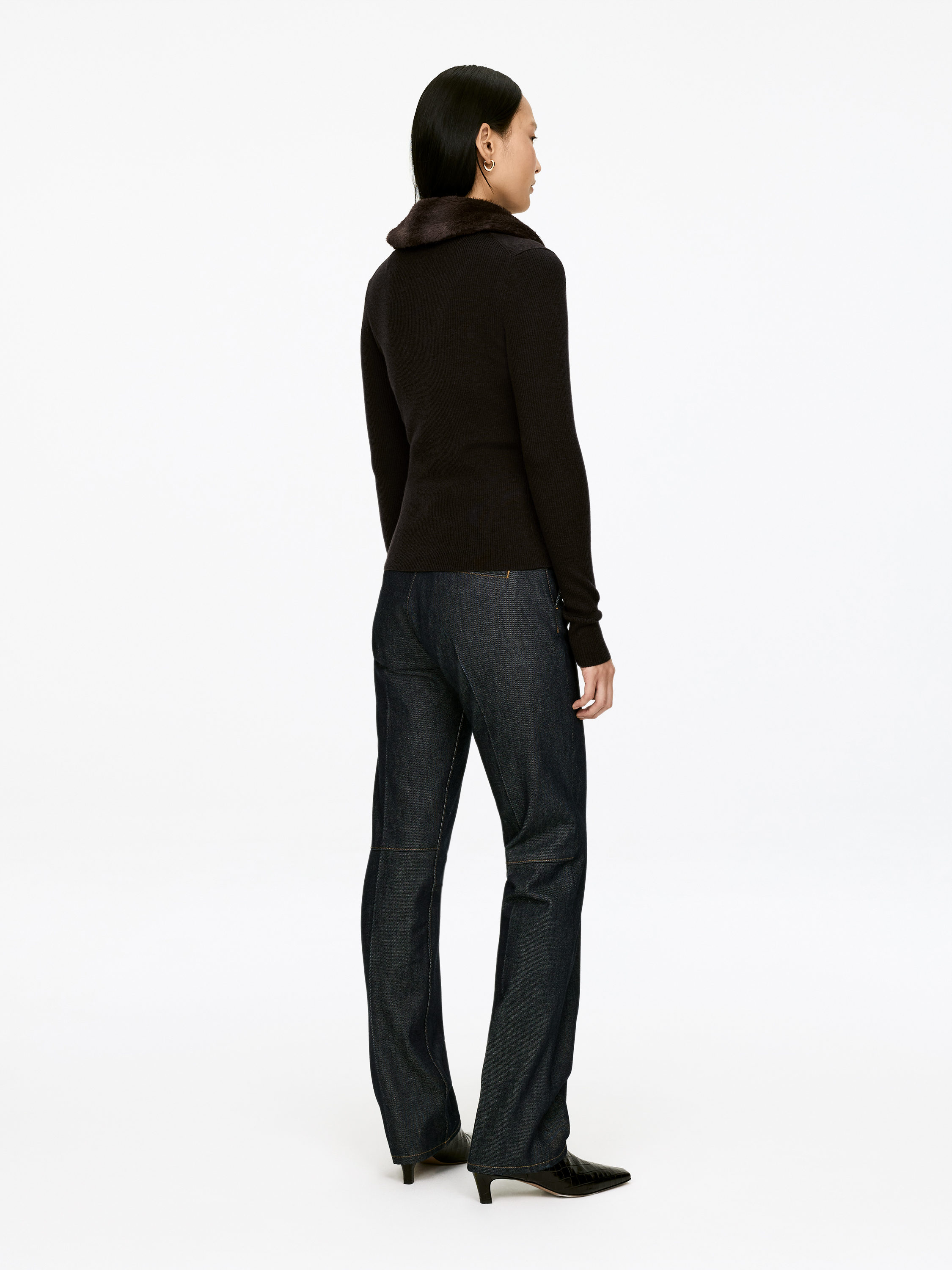 Faux Fur Collar Cardigan - Dark Brown - Slim fit - Women - StillMedia/Lookbook - 6