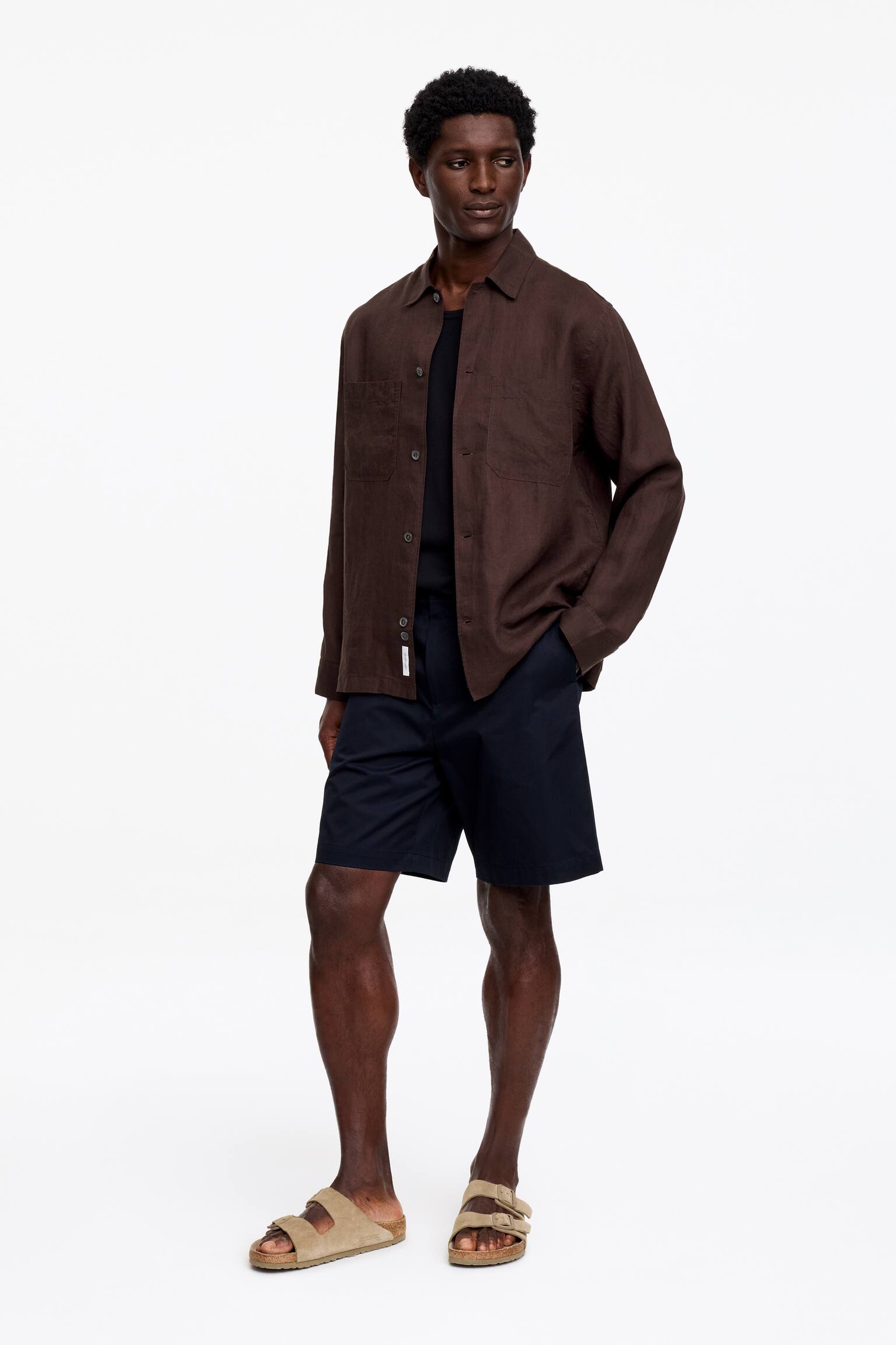 Chemise décontractée en lin-Marron - 4