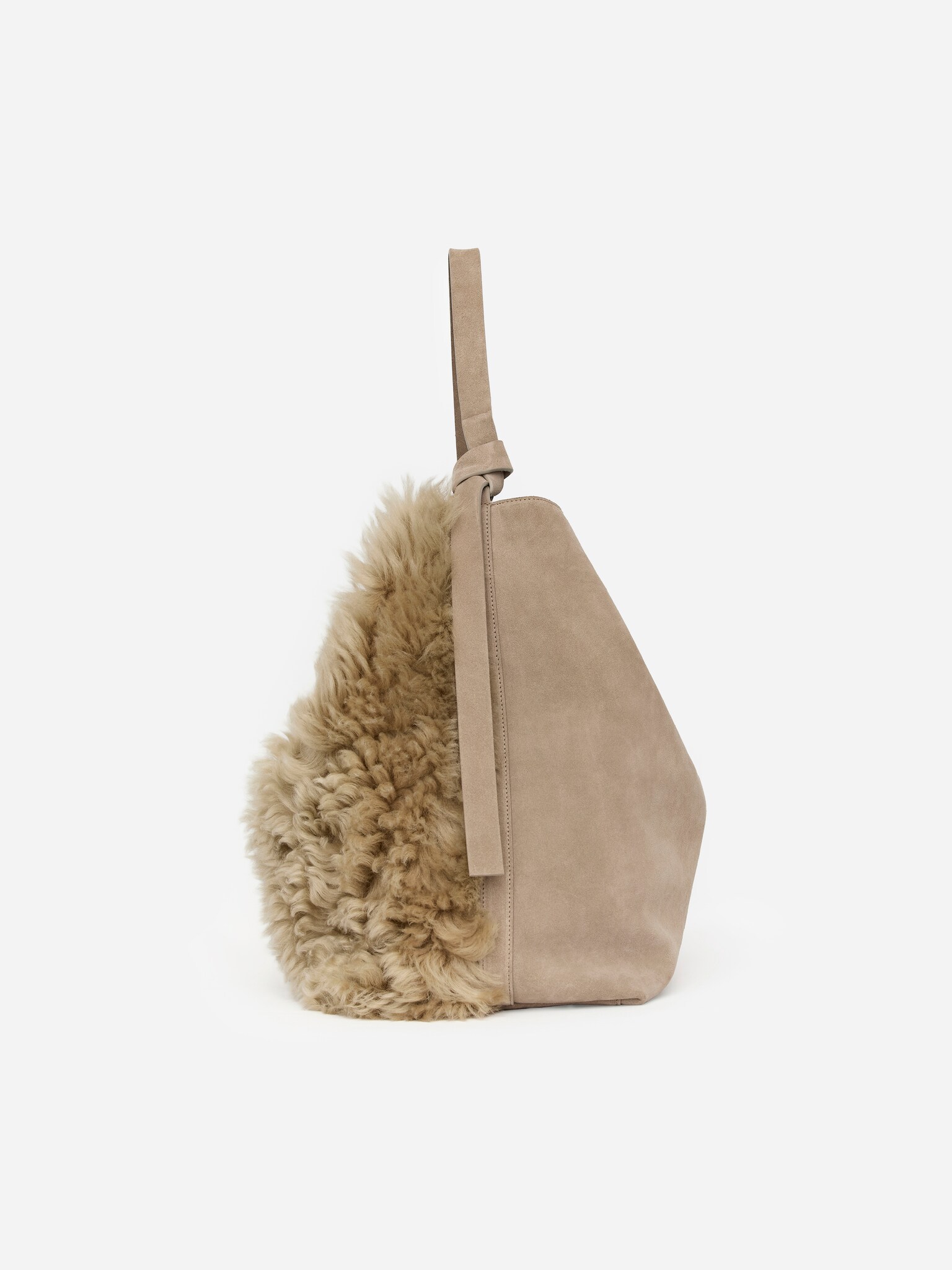 Sac cabas en daim et peau lainée - Beige - 4