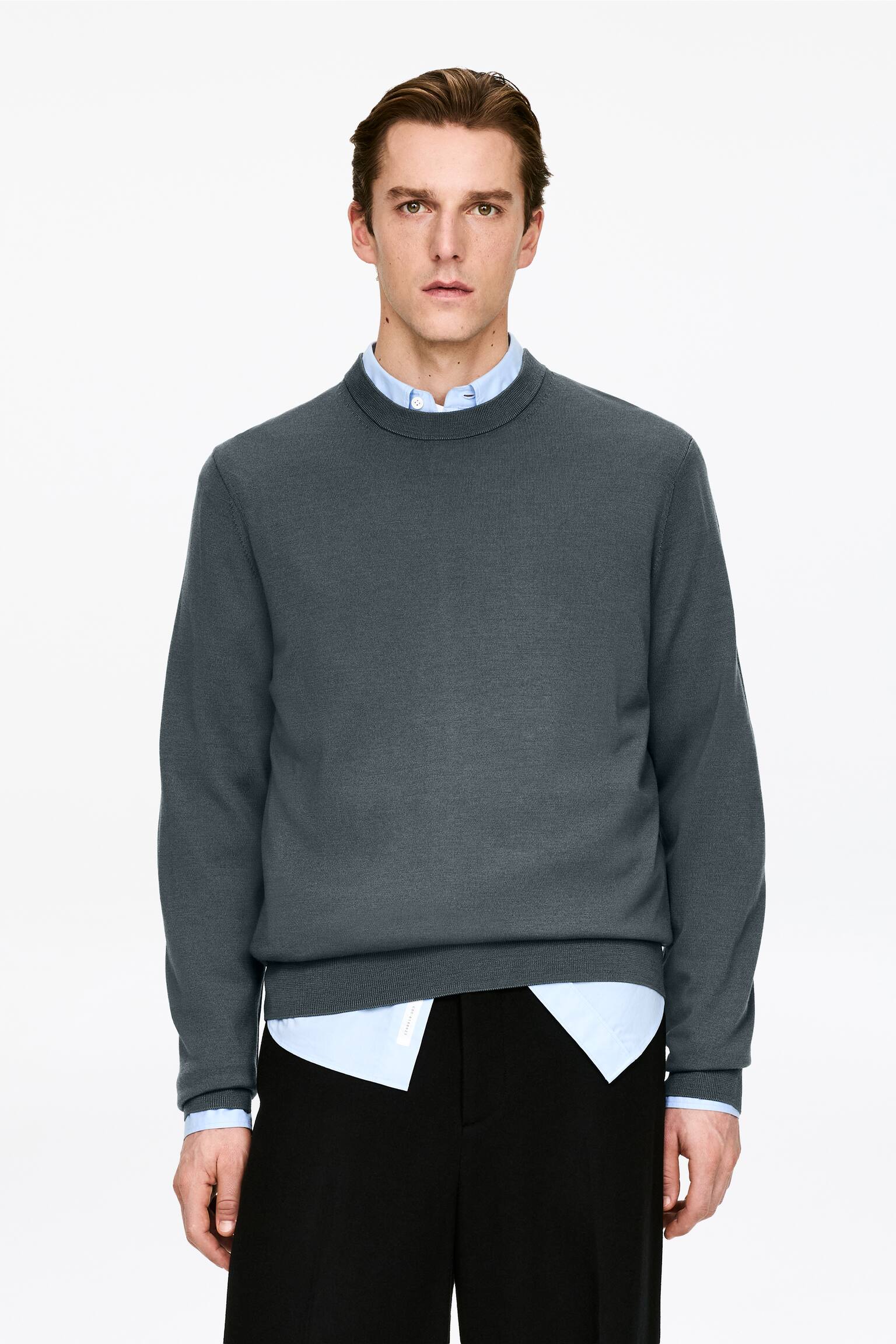 Finstickad tröja i merinoull - Mörkgrå/Mullvadsgrå/Dark Blue/Mörkgrön - 1