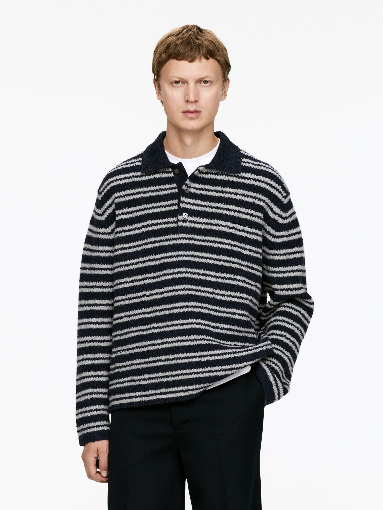 Camisola polo tricotada - Azul escuro/branco sujo