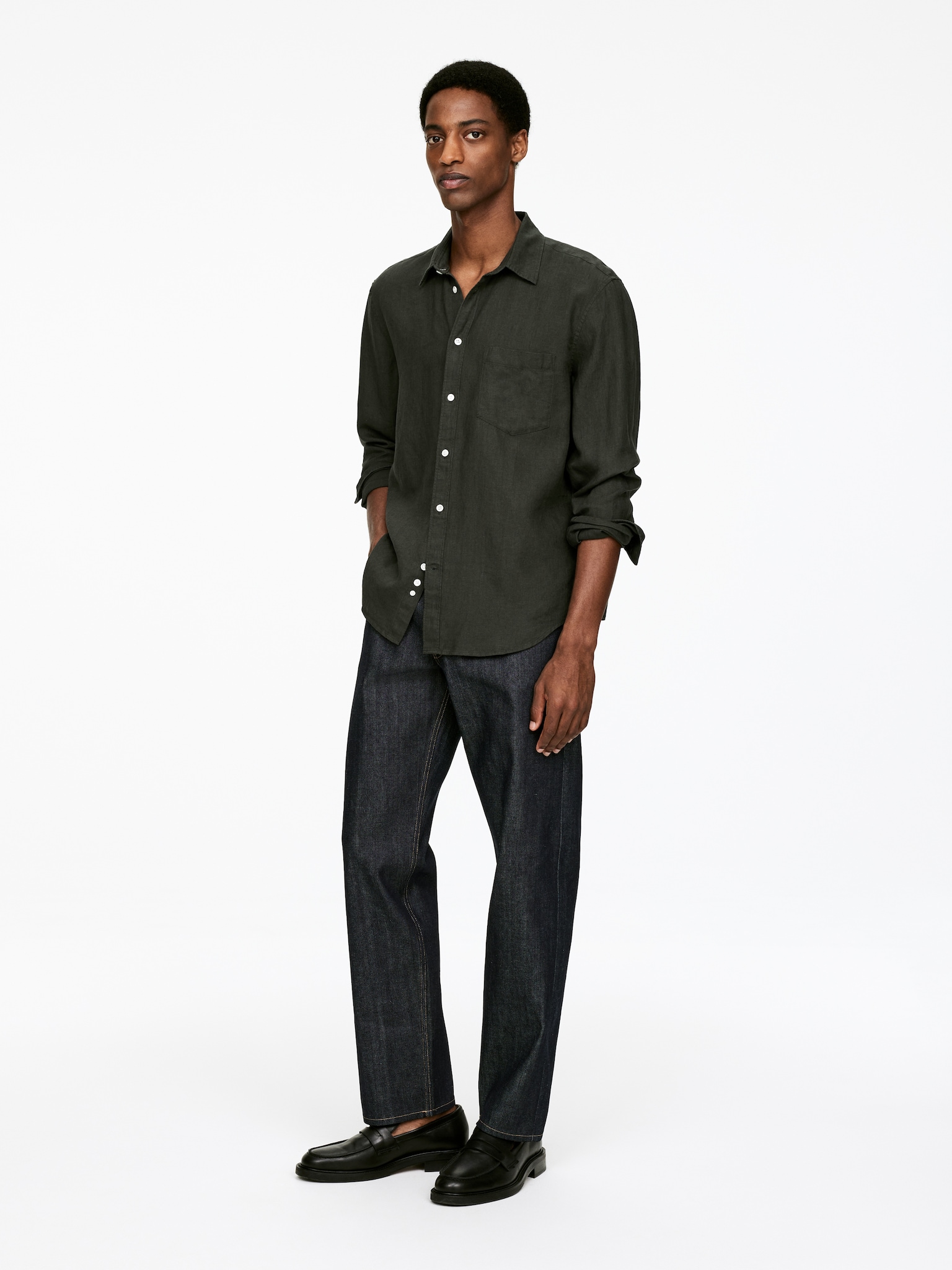 Chemise en lin de coupe classique - Vert foncé/Beige/Bleu/Bleu foncé/Blanc cassé/Blanc/Taupe foncé chiné/Marron/Vert poudré/Vert kaki/blanc - 5