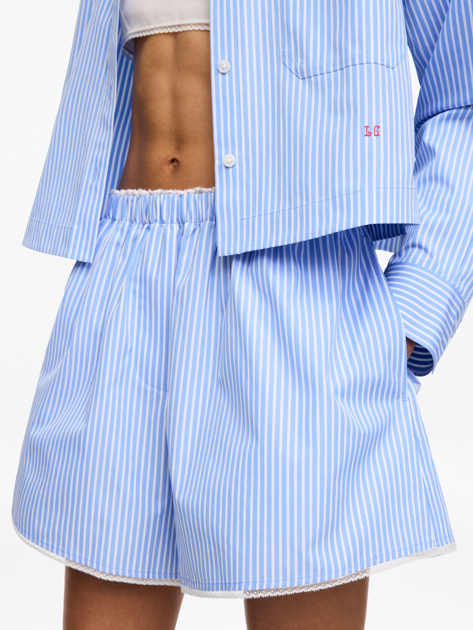 ARKET and Laila Gohar Lace-Trim Shorts - Blue/White - Loose fit - Women - StillMedia/Lookbook - 3