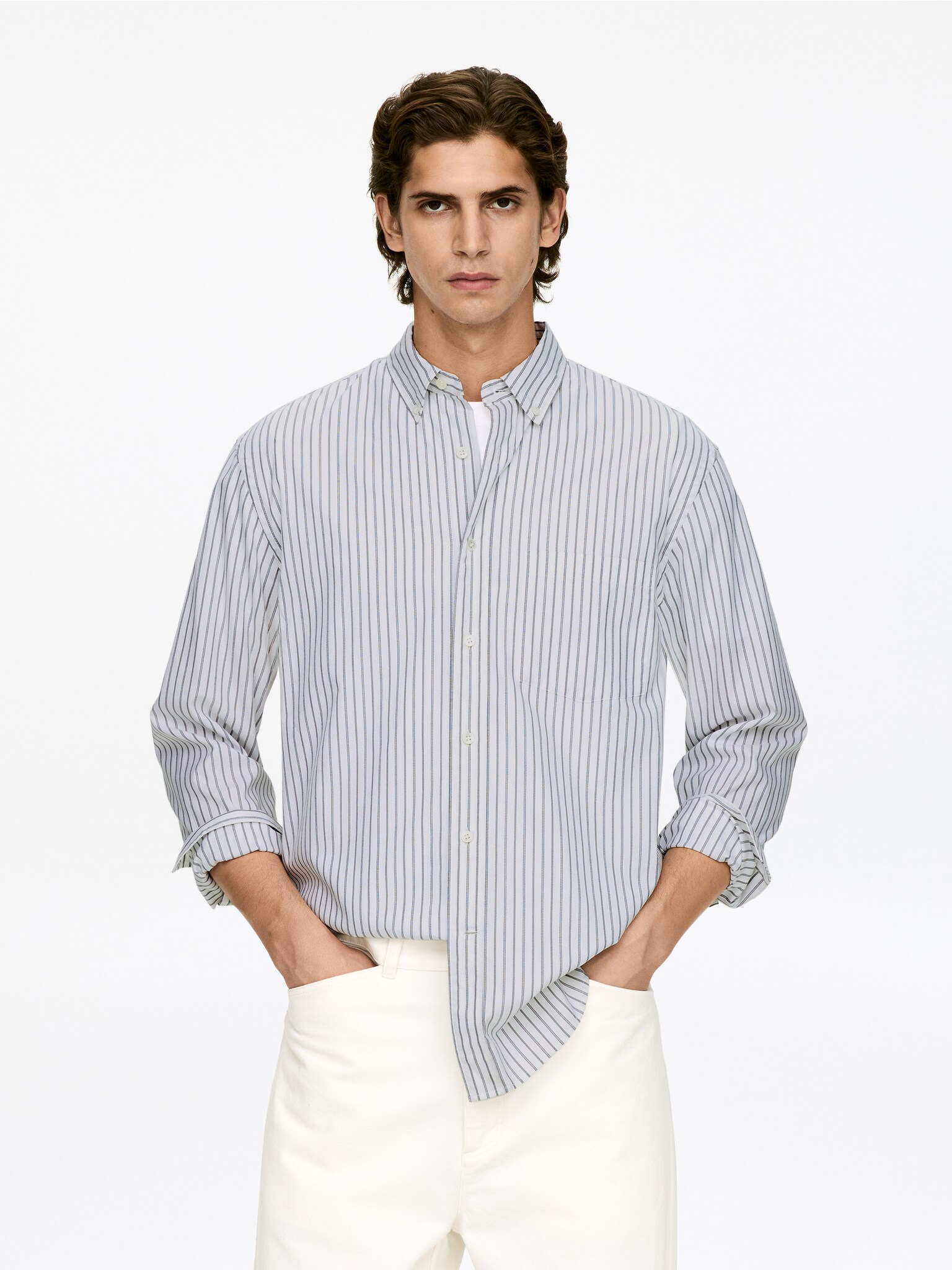 Camicia in popeline dalla vestibilità rilassata - Grigio/Bianco/Azzurro