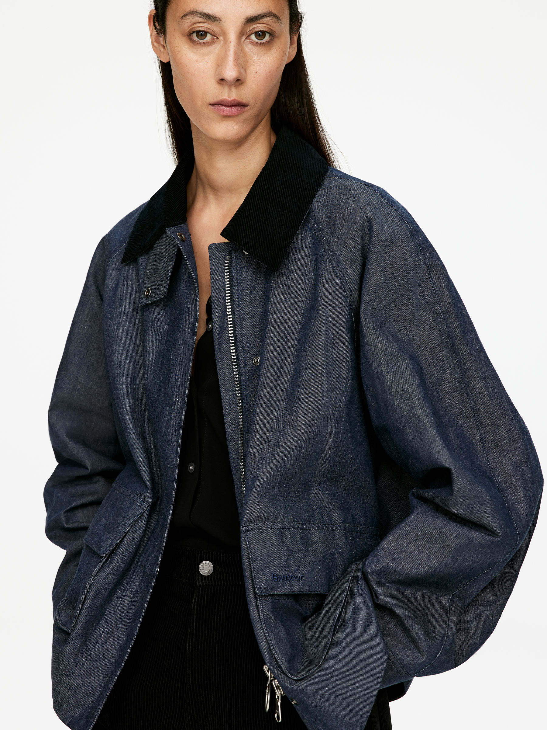 ARKET and Barbour Dry-Waxed Denim Jacket - Blue - Regular fit - Women - StillMedia/Lookbook - 9