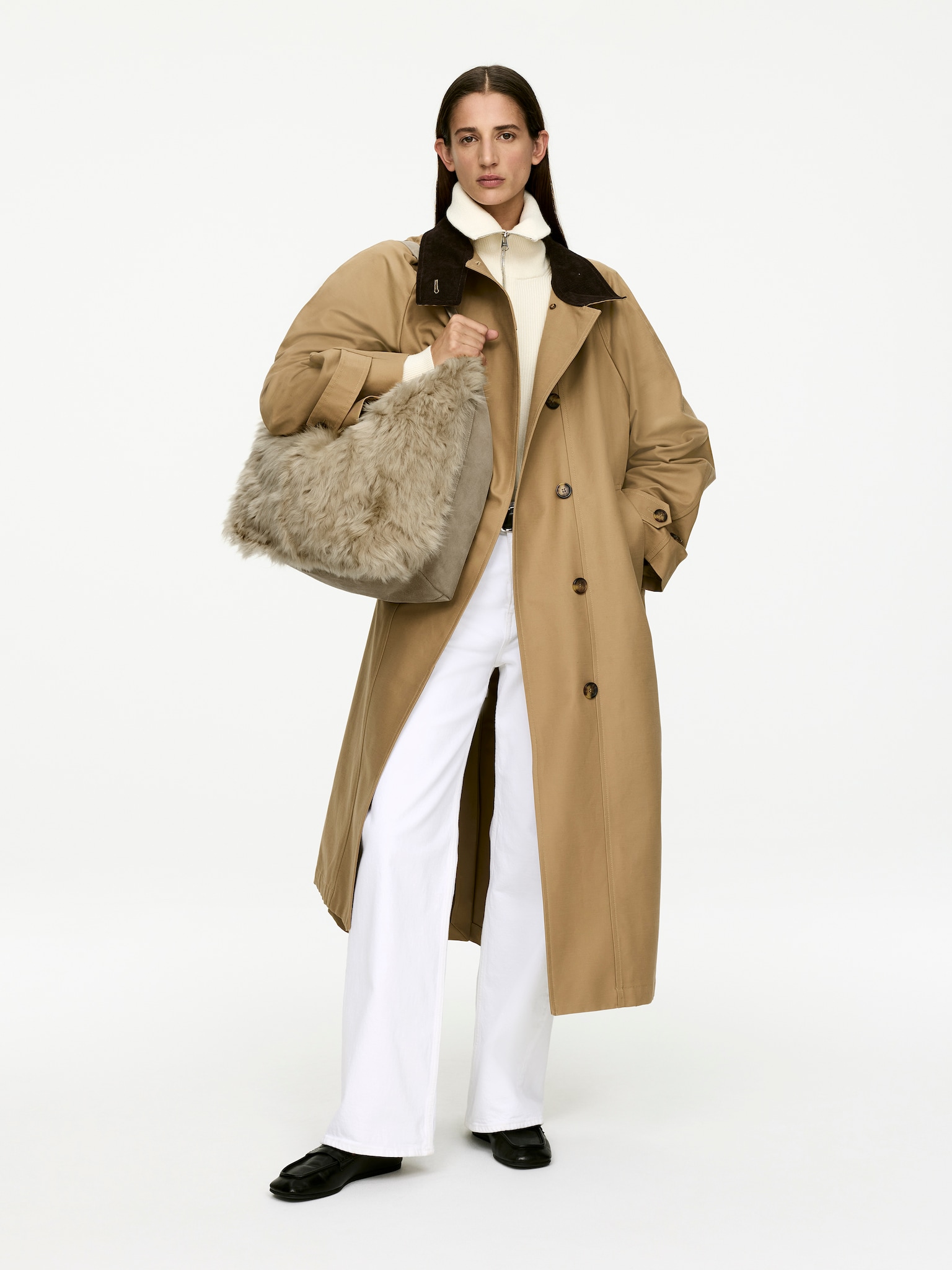 Sac cabas en daim et peau lainée - Beige - 3