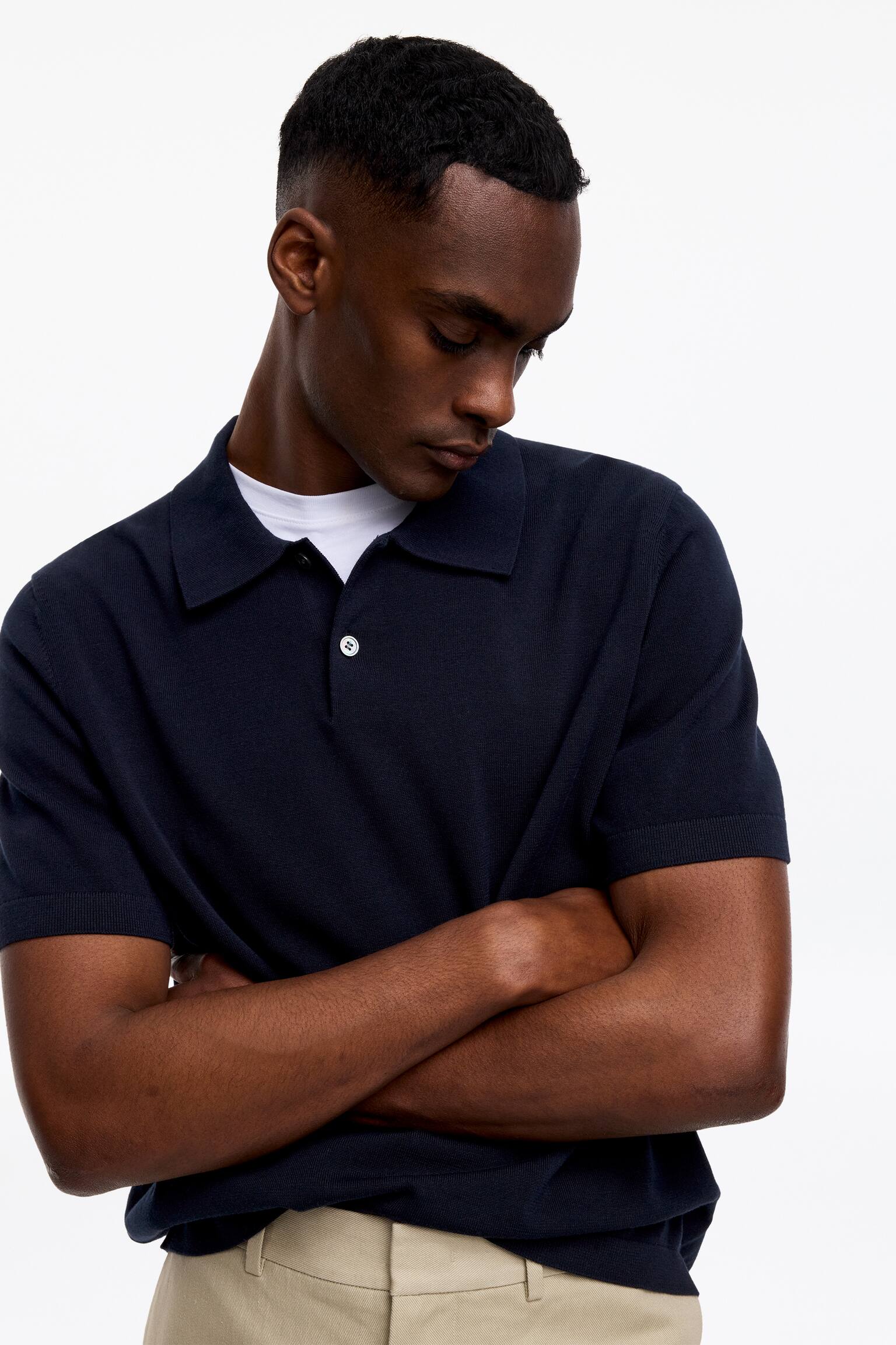 Fijngebreid poloshirt - Donkerblauw/Taupe - 5