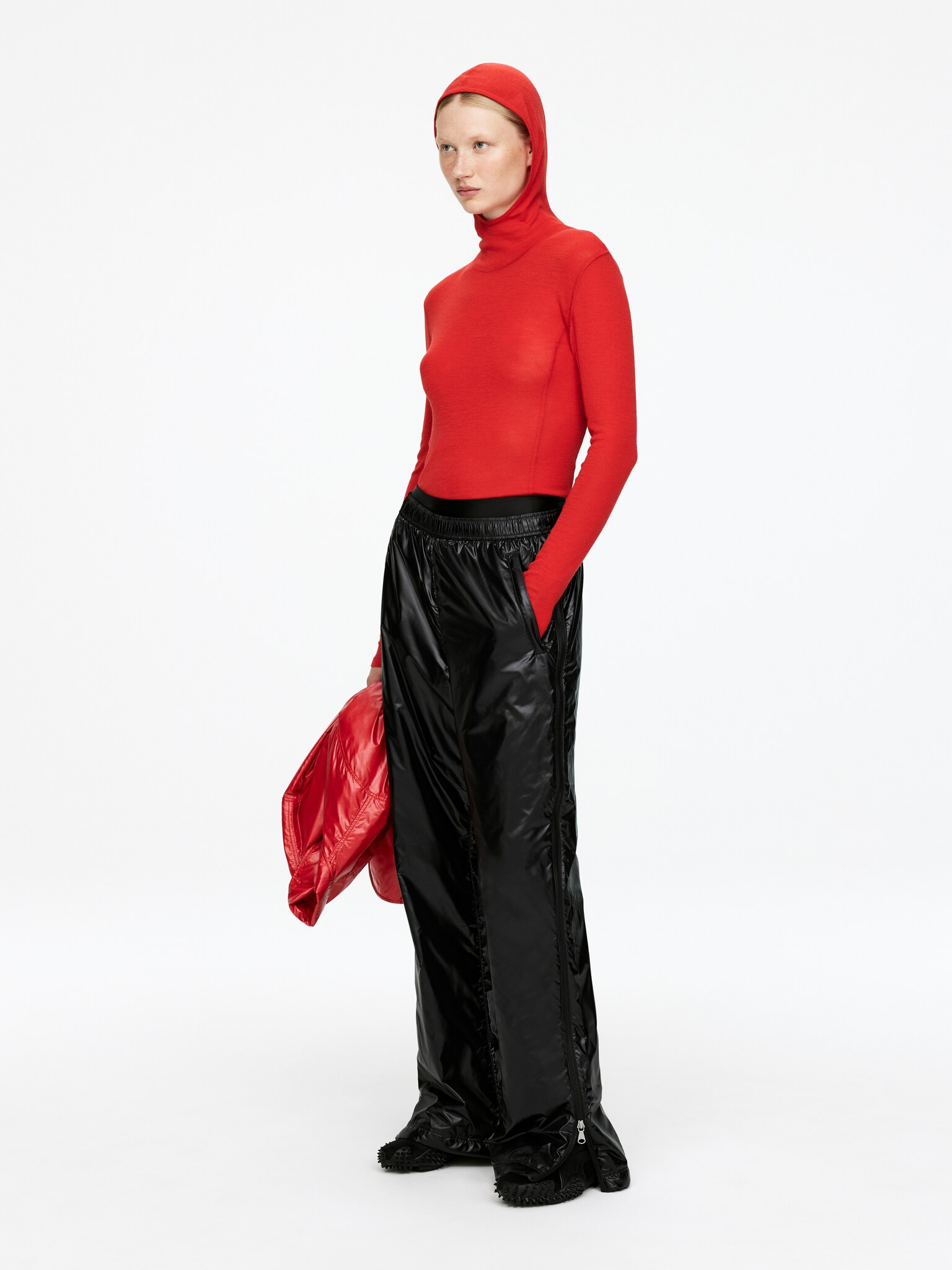 Pull à capuche en laine - Rouge/Noir - 3