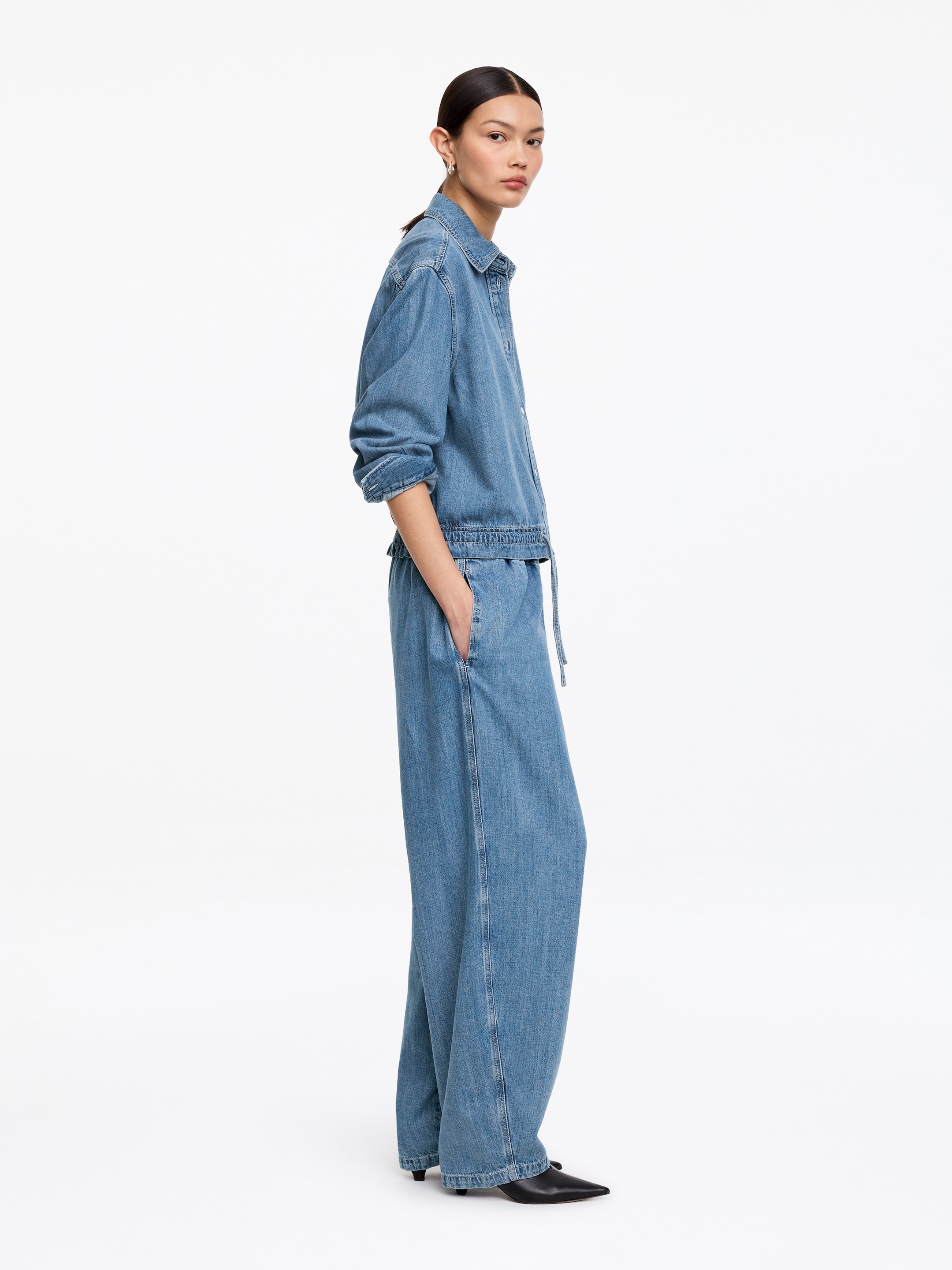 Drawstring Denim Blouse - Washed Blue - Regular fit - Women - StillMedia/Lookbook - 3