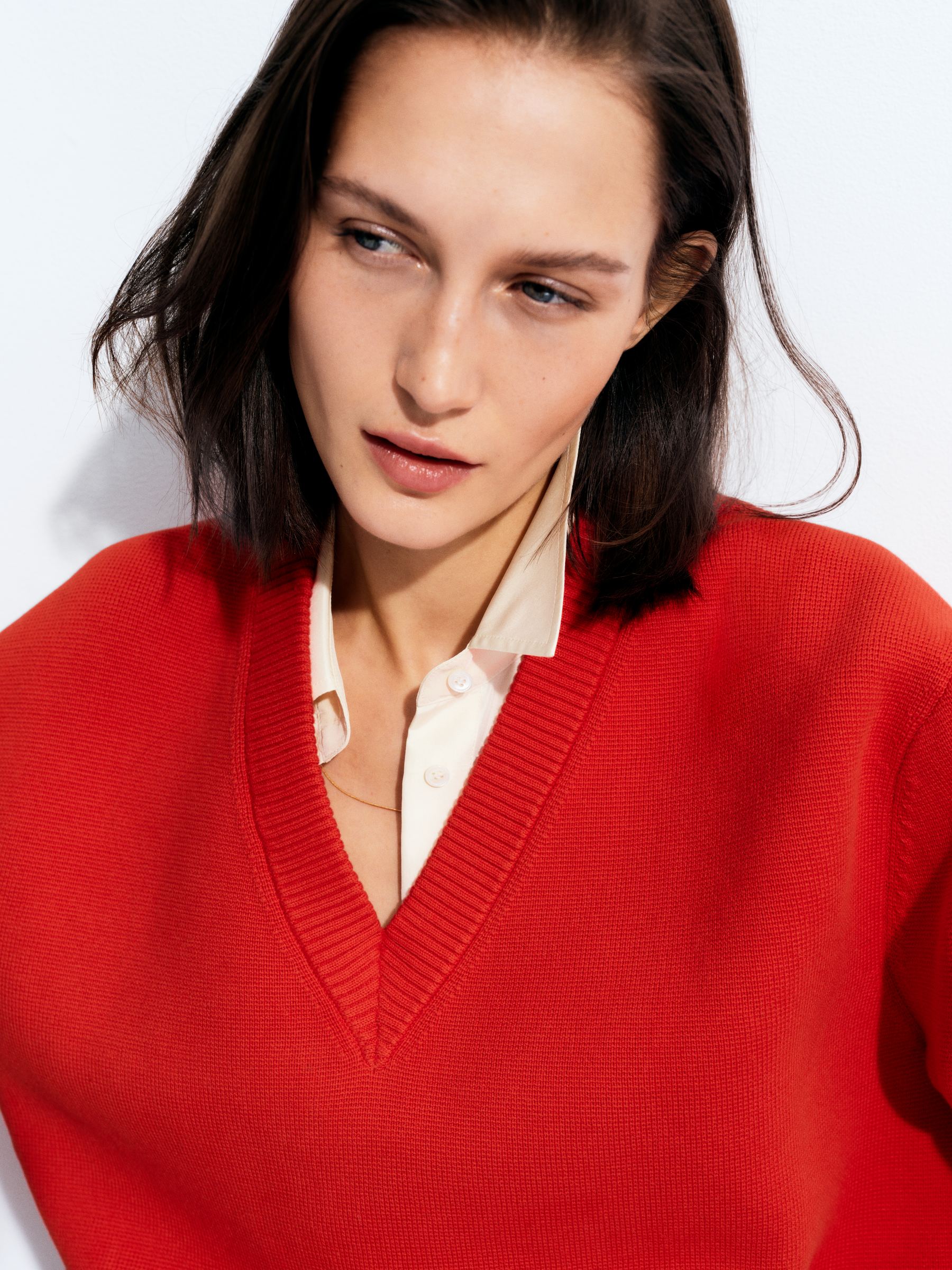 Pull en coton à col V - Rouge - Loose fit - Femme - StillMedia/Environmental - 1