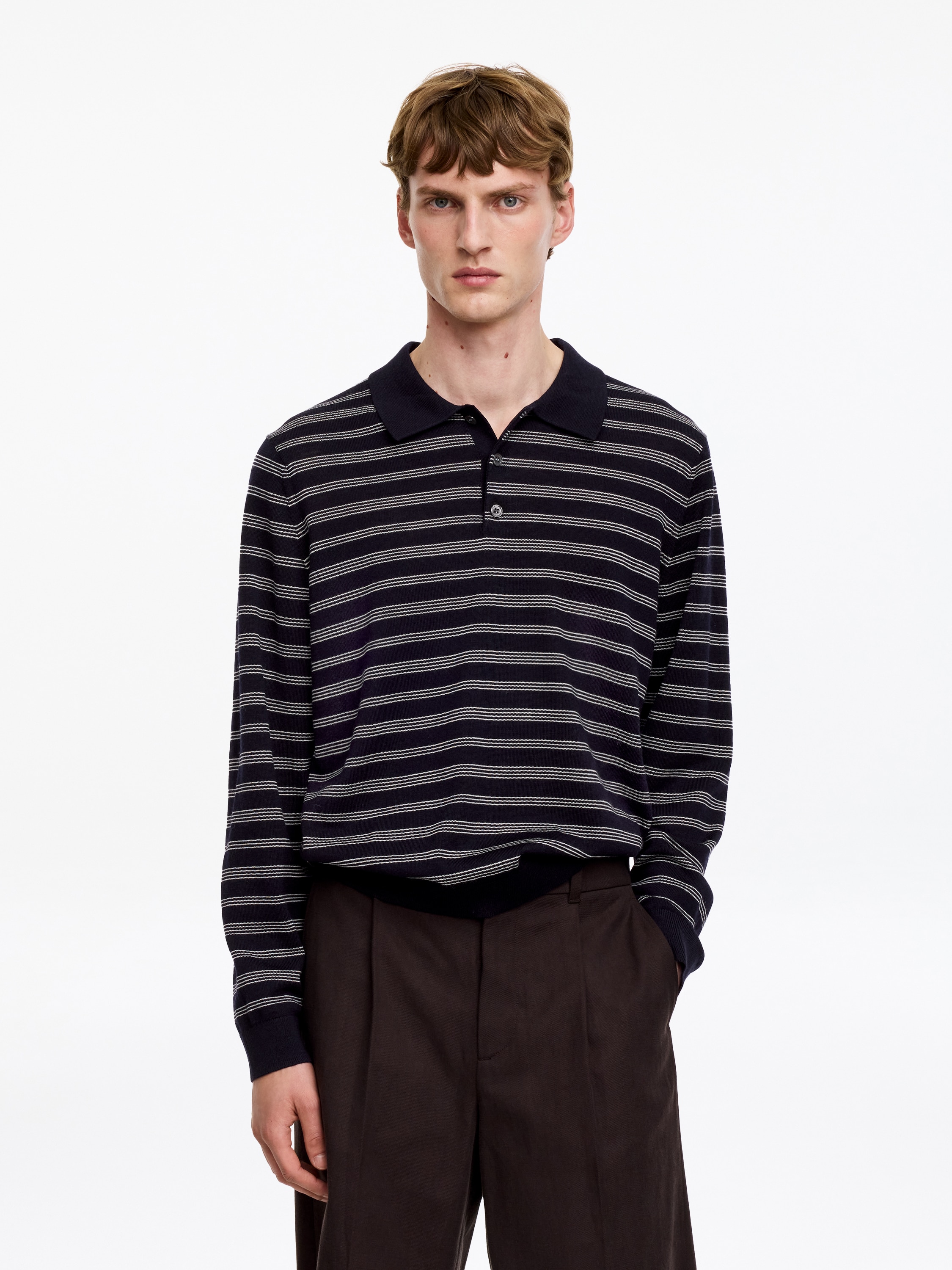 Jersey tipo polo de lana merino - Azul oscuro/Blanco
