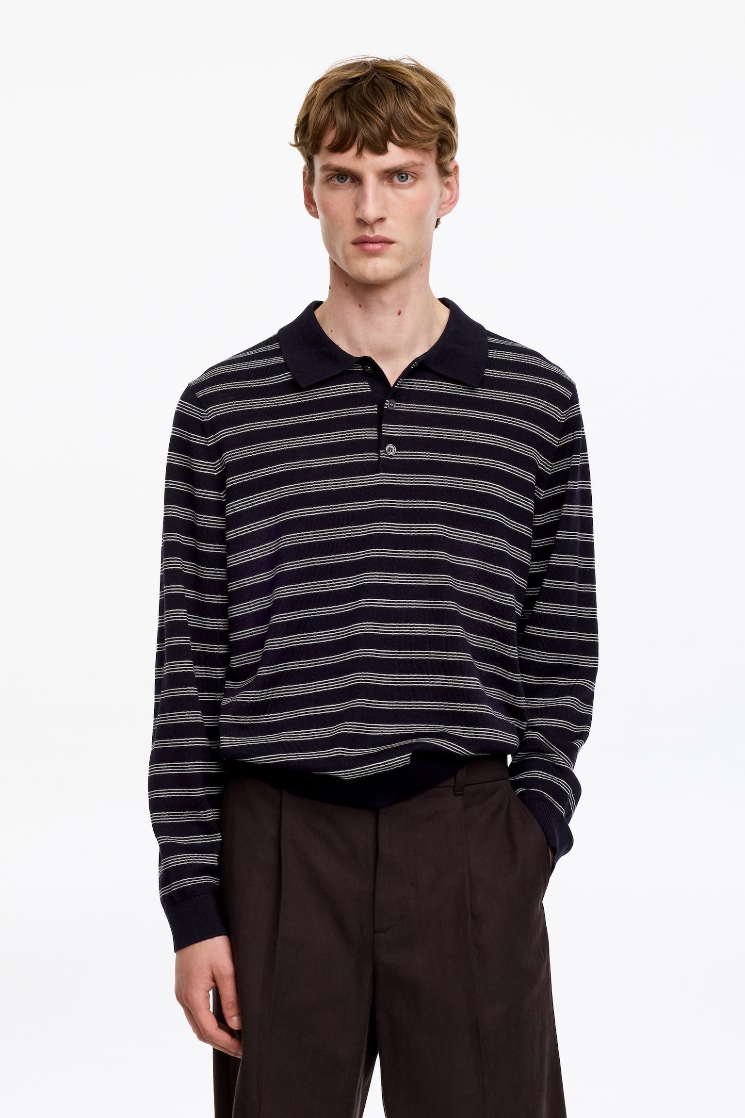 Pull polo en laine mérinos - Bleu foncé/Blanc/Marron/Rayures - 1