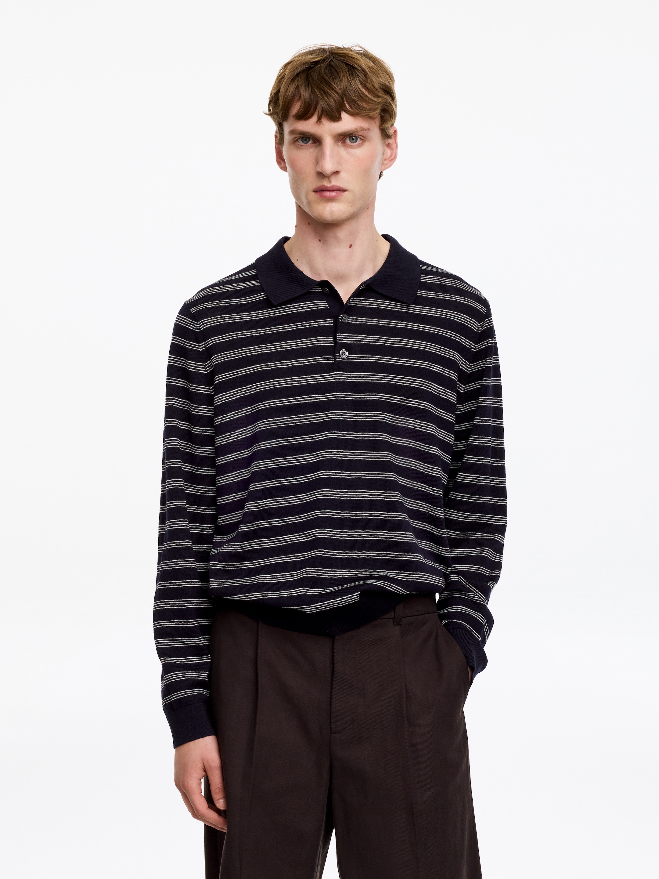 Maglione in stile polo in lana merino-Blue-19658