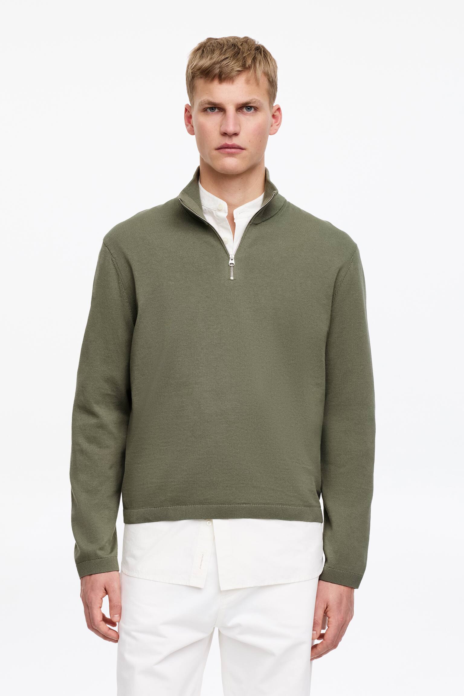 Strickpullover mit kurzem Reißverschluss - Khaki/Schwarz - 1