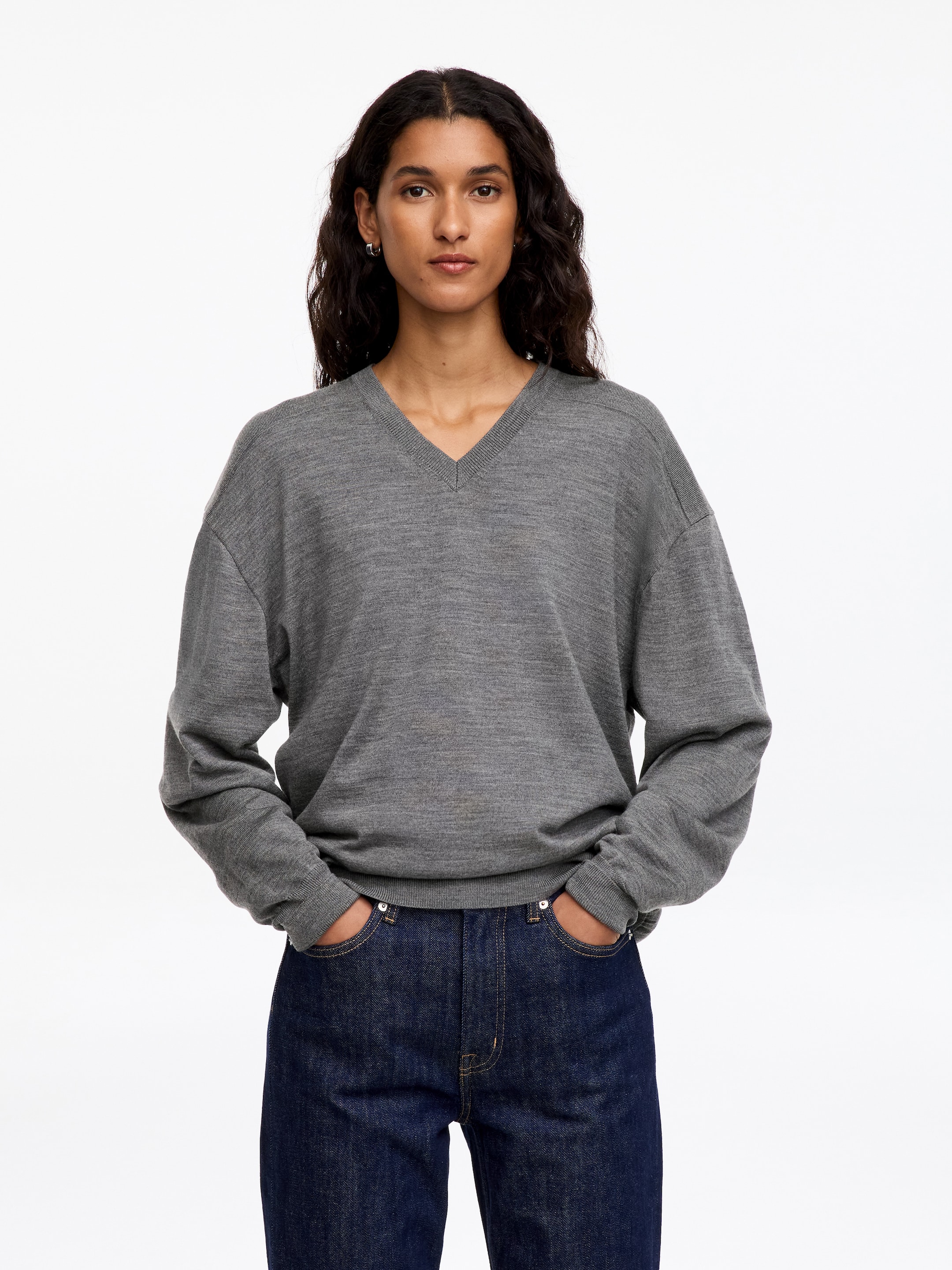 Pullover aus Merinowolle mit V-Ausschnitt-Grey-20344